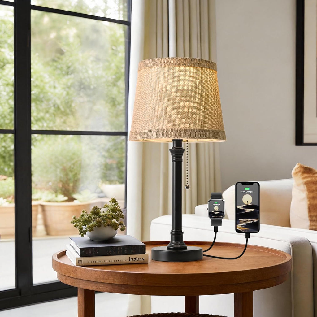 Black Bedside Lamp — 19.5" — Black USB-1Pack