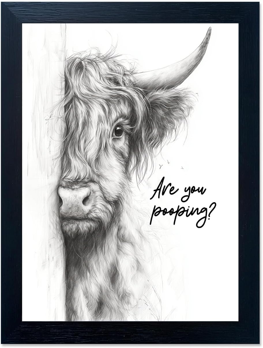 Framed Farmhouse Black Wall Decor — 8" — Highland Cow Are You Pooping
