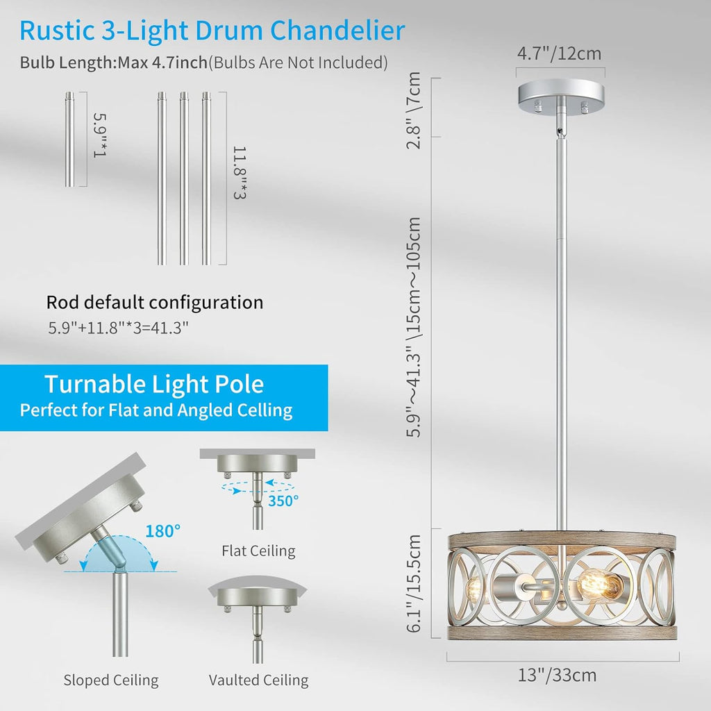 Adjustable Farmhouse Black Chandelier — 3-Light - View 3