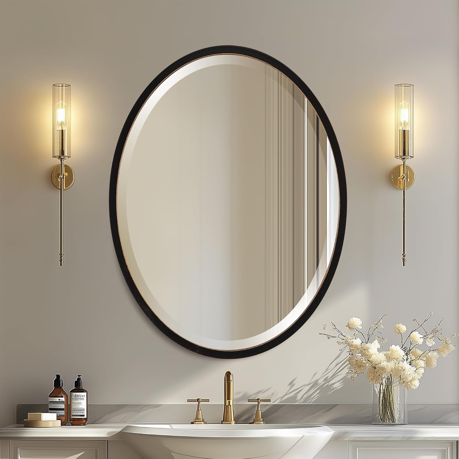 Beveled Luxe Beige Wall Mirror — 31" — Rubbed Black