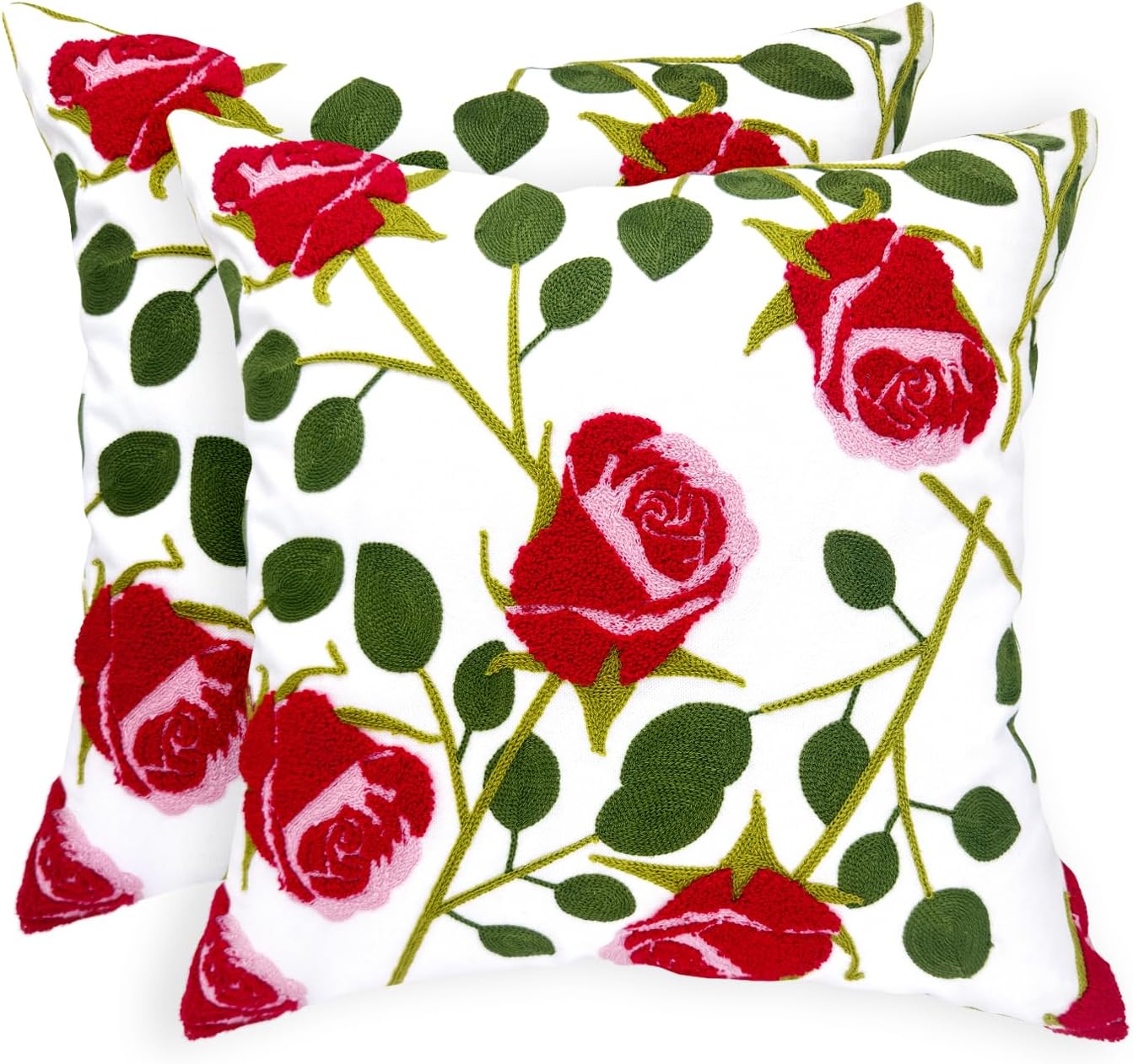 Embroidered Boho Blue Throw Pillow Cover — 18" — Rose Red