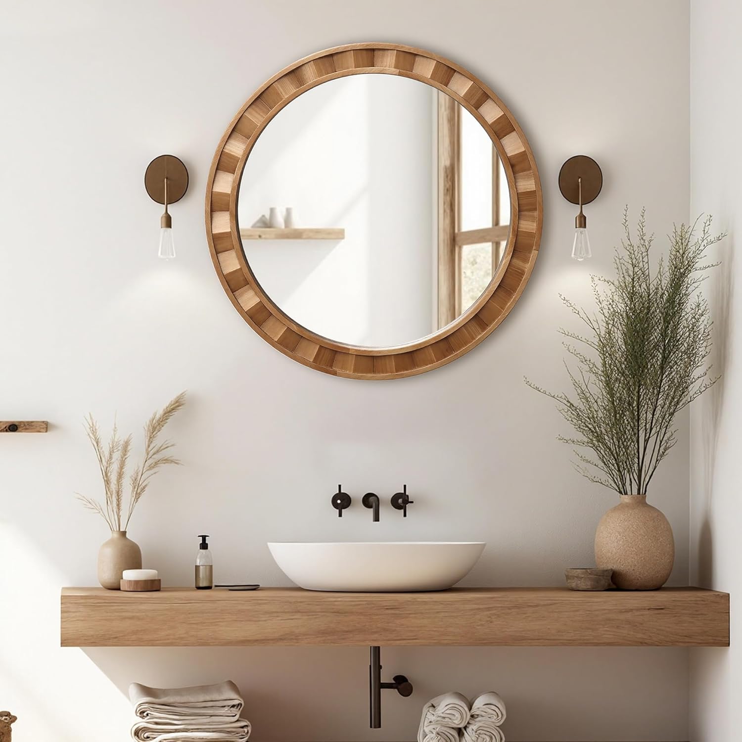 Round Farmhouse Wood Wall Mirror — 25.8" — 28" H Round