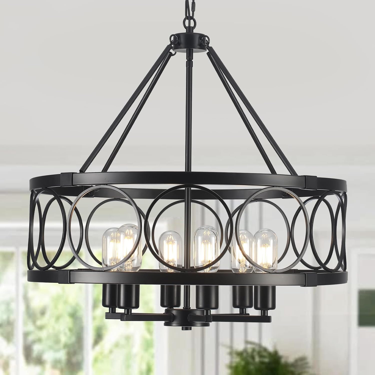 Round Farmhouse Black Chandelier — 5-Light — Black-6 Lights-Drum