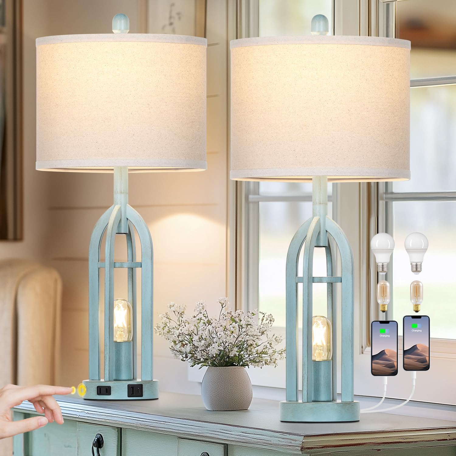 USB Farmhouse Black Bedside Lamp — 27" — Blue