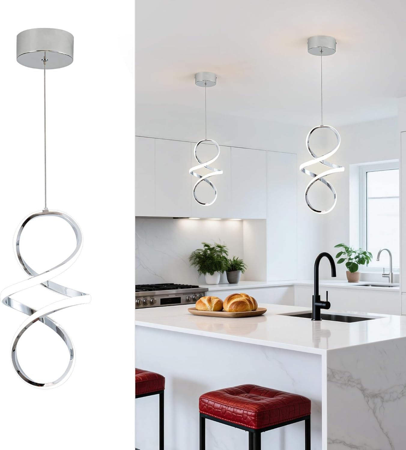 Adjustable Modern Black Pendant Light — Chrome Spiral 4000K