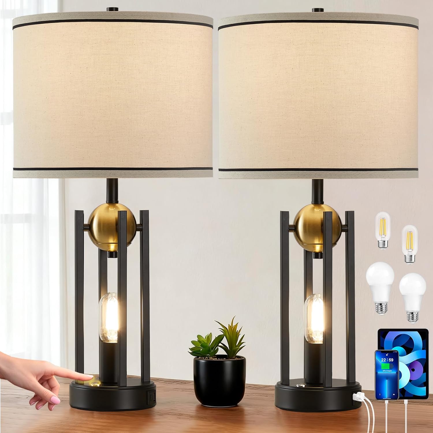 USB Farmhouse Black Bedside Lamp — 25" — Gold-2pcs