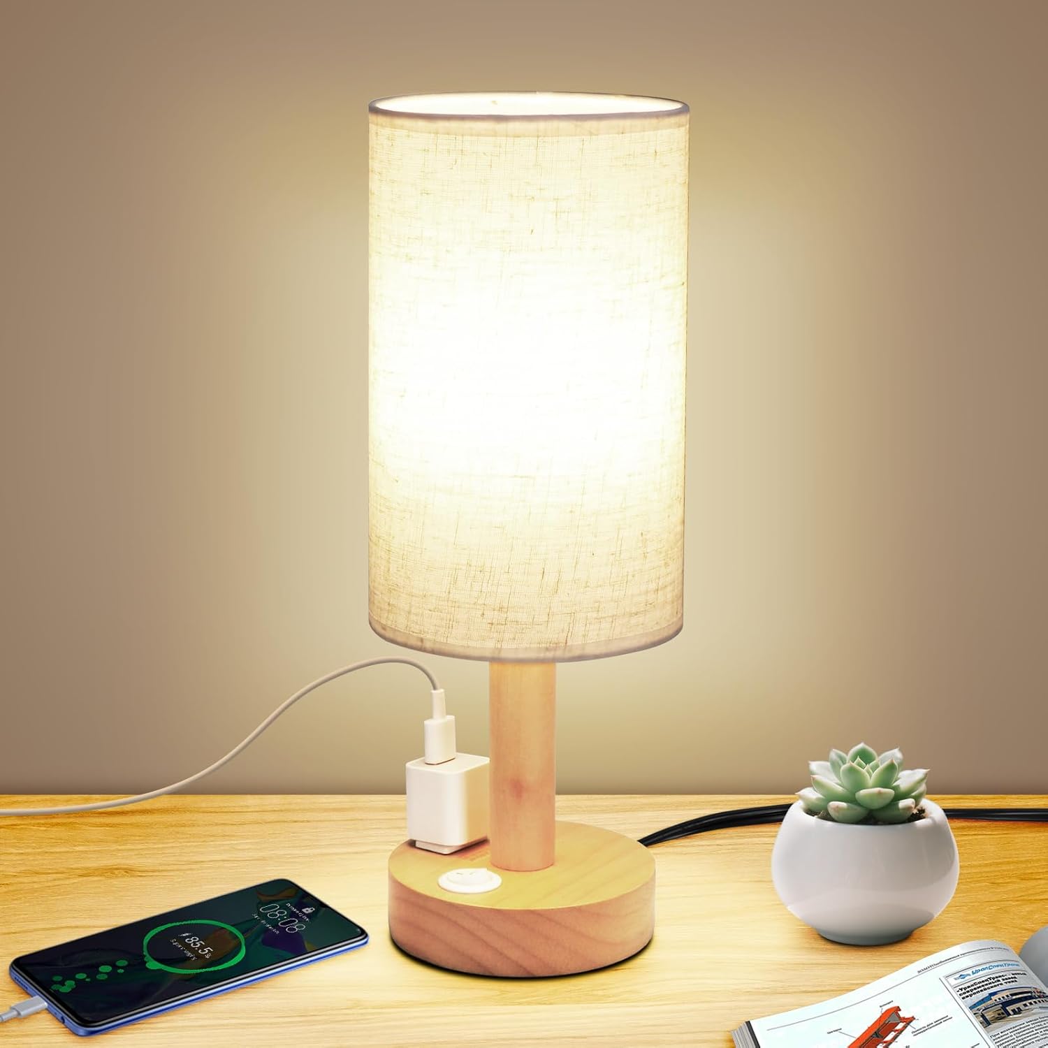 Linen Modern Fabric Desk Lamp — Set of 1 — Beige-Round-AC-set of 1