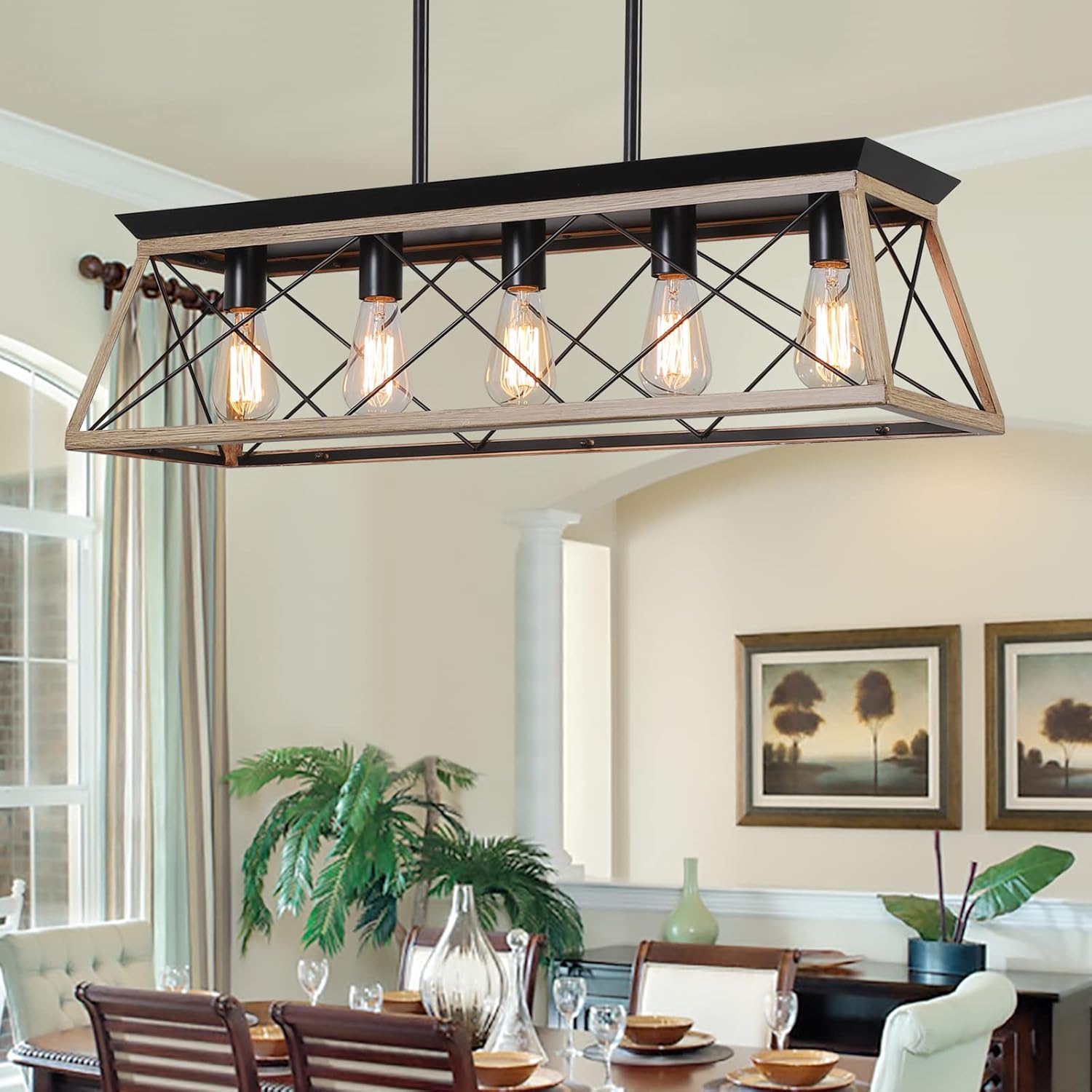 Rectangular Farmhouse Black Chandelier — 5-Light — Oak