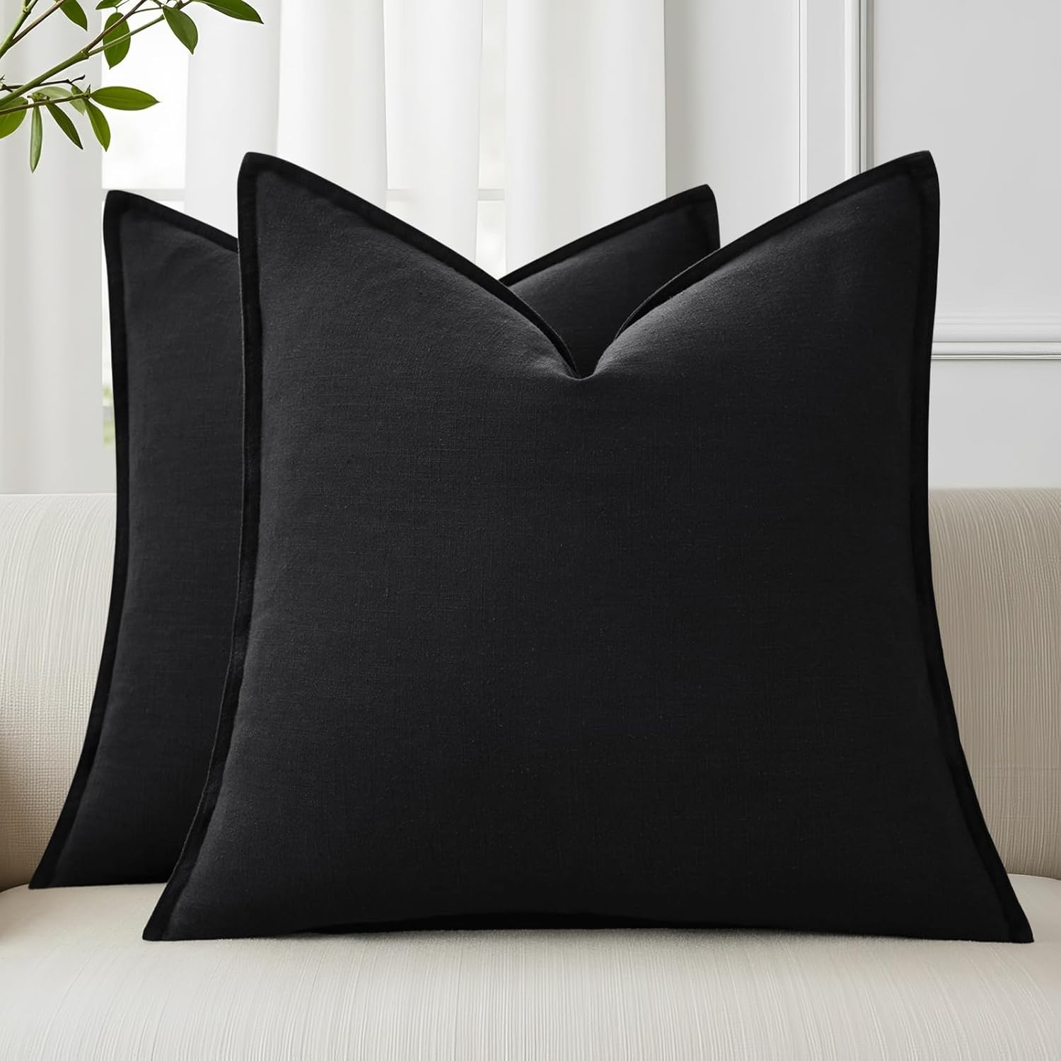 Linen Boho Beige Throw Pillow Cover — 18" — Black