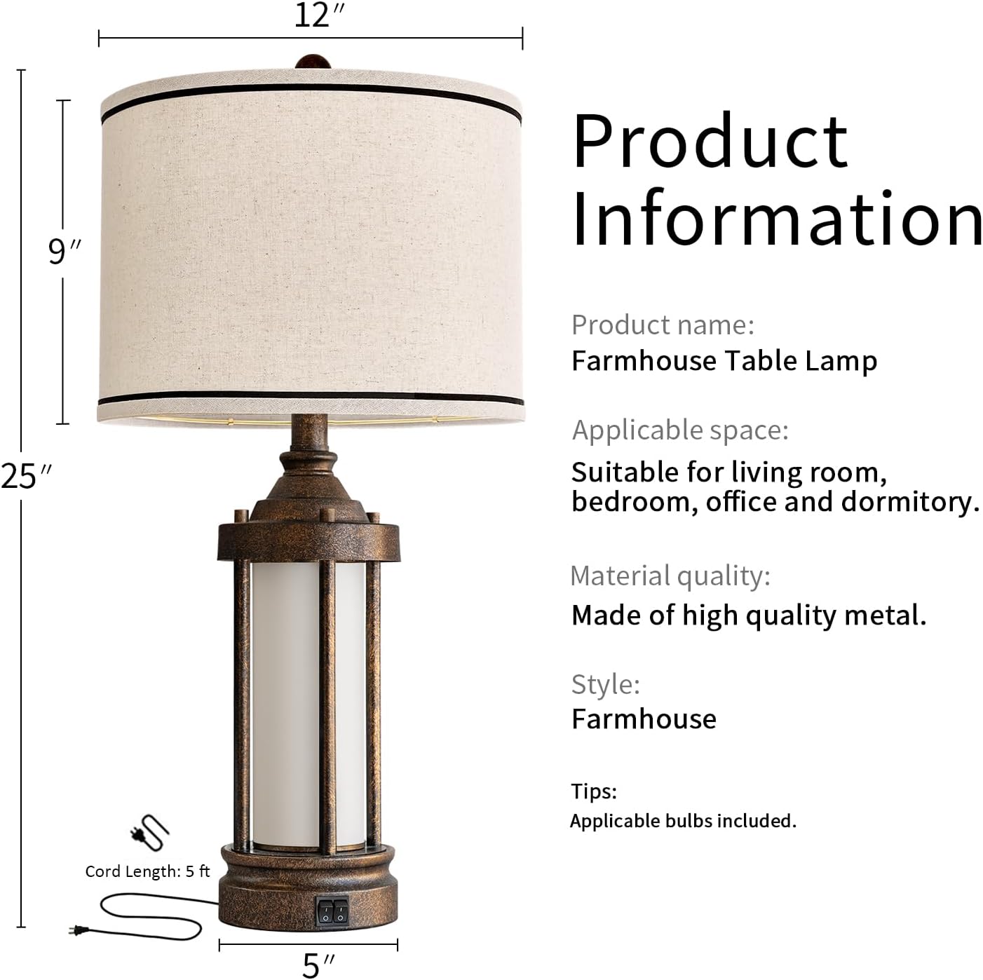 USB Farmhouse Black Table Lamp — 25" - View 8