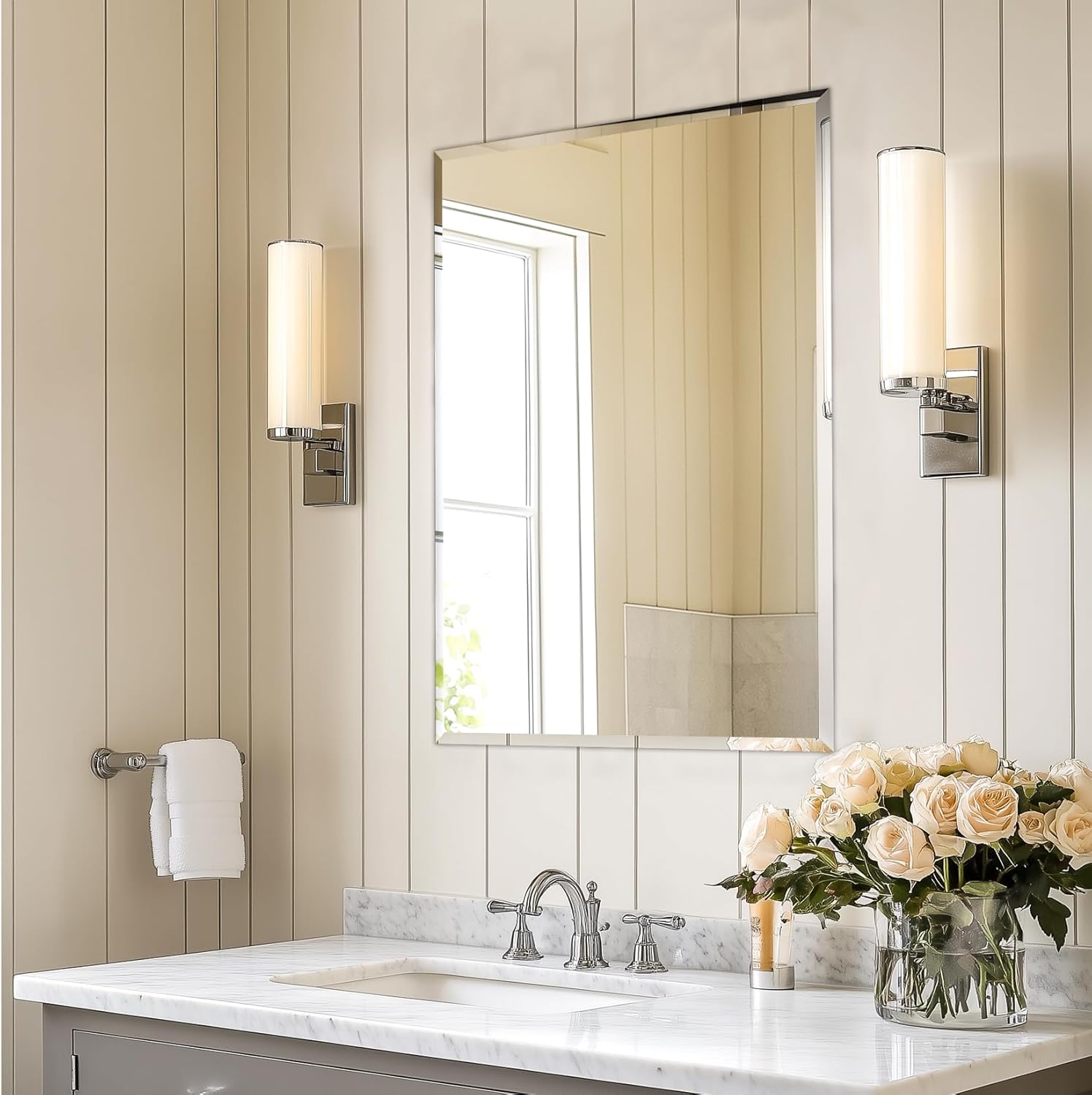 Beveled Beige Wall Mirror — 32" — Silver-rectangular
