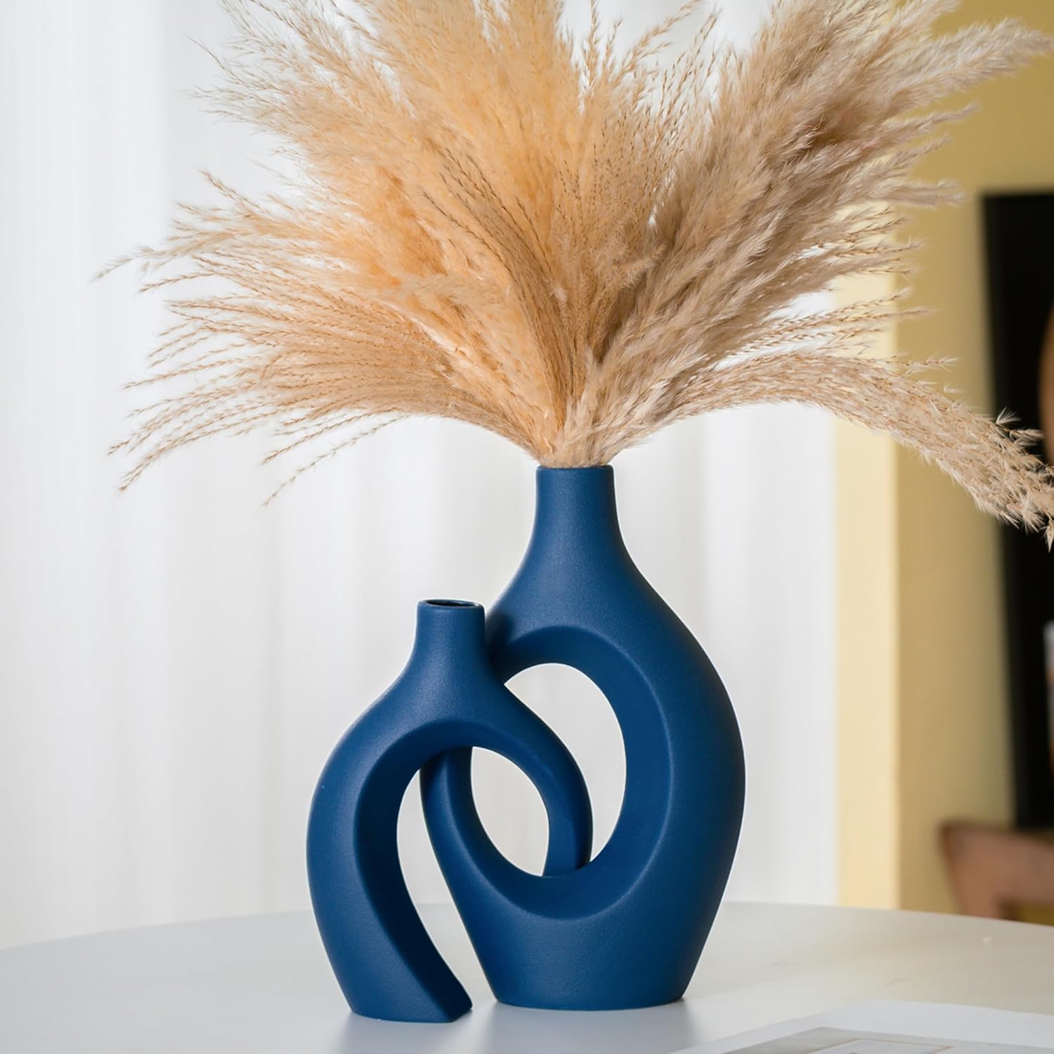 Boho Beige Flower Vase — 6.3" — Extra Large Navy Blue