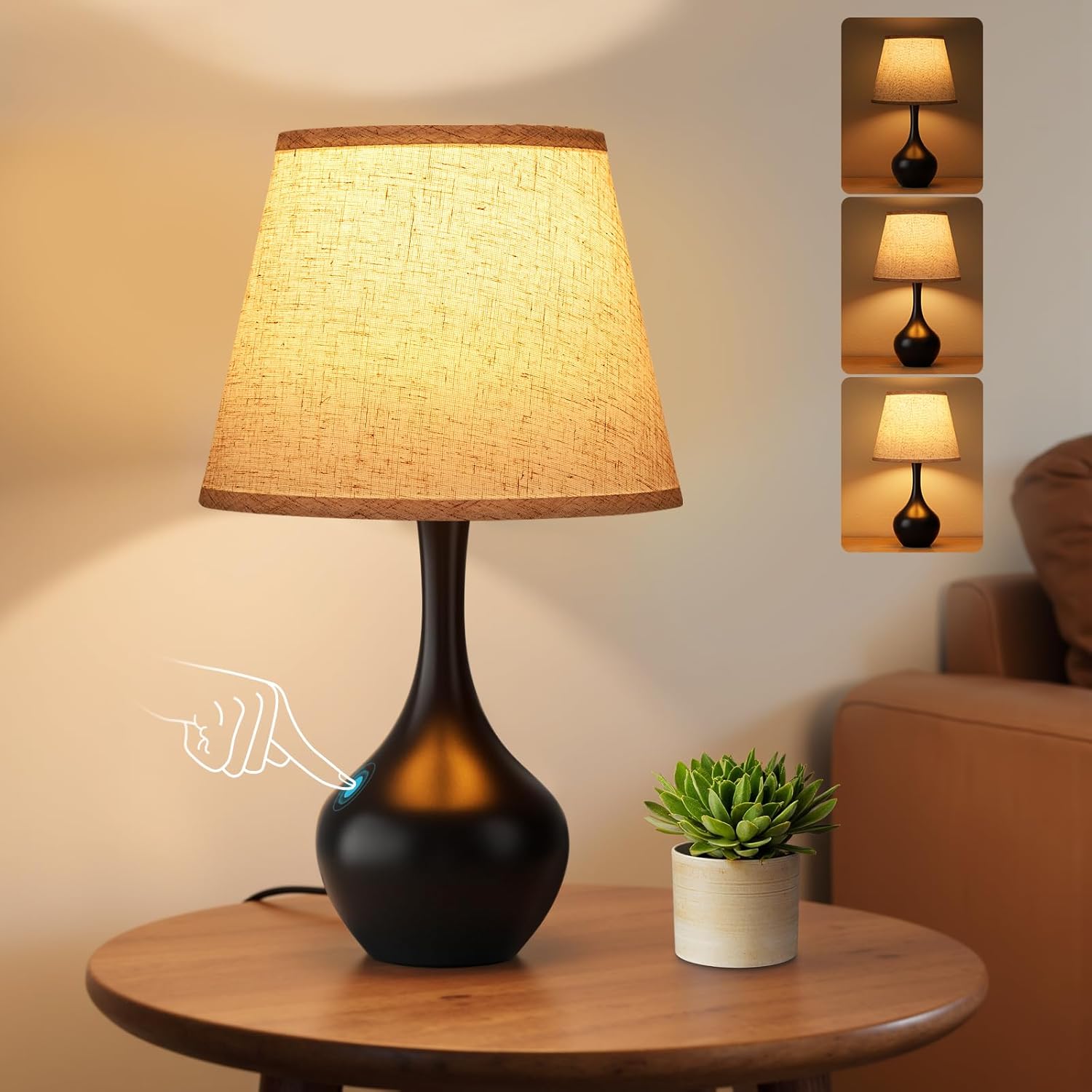 Dimmable Beige Bedside Lamp — 16.1" — A. Beige Shade & Black Base