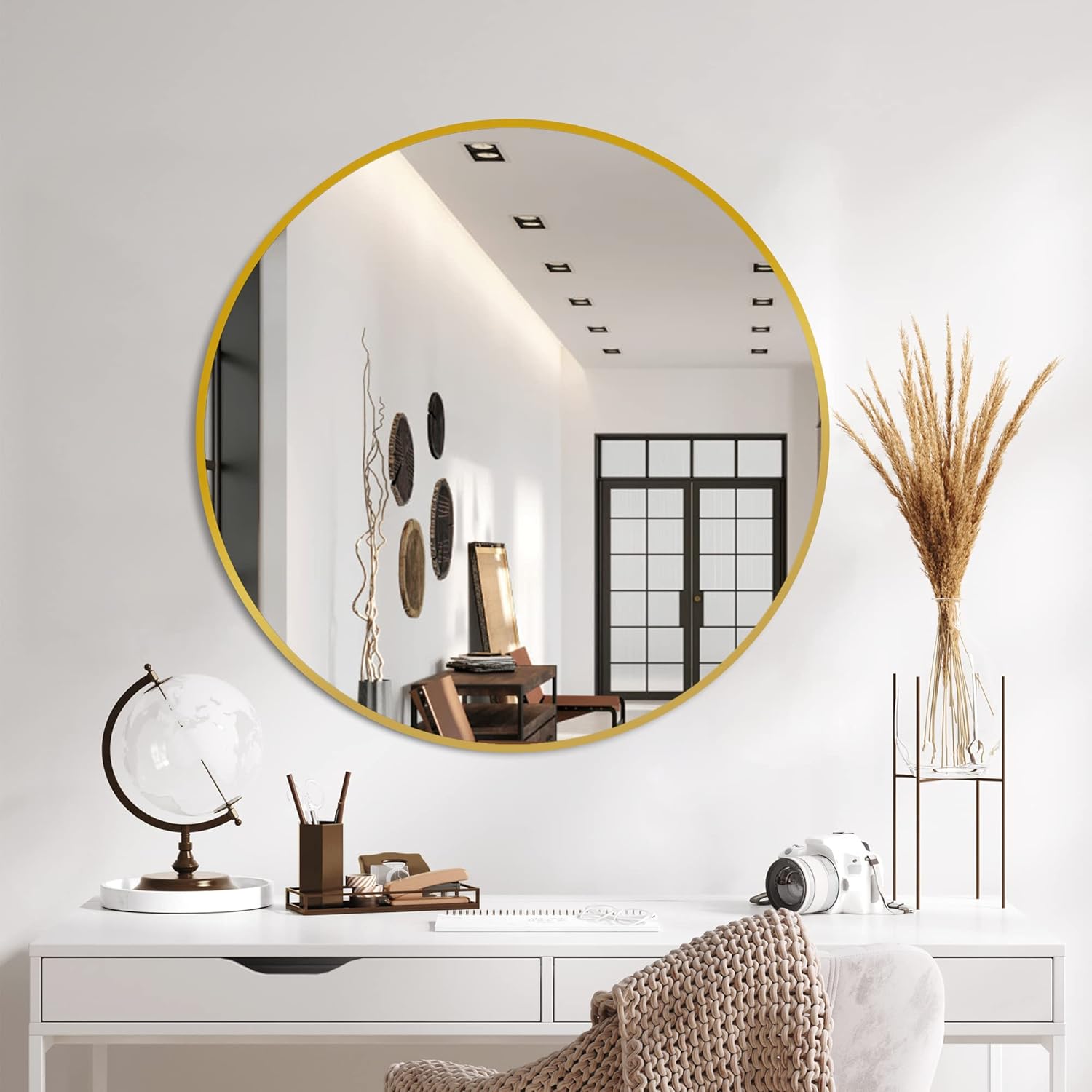 Round Black Wall Mirror — 22" — Round Gold