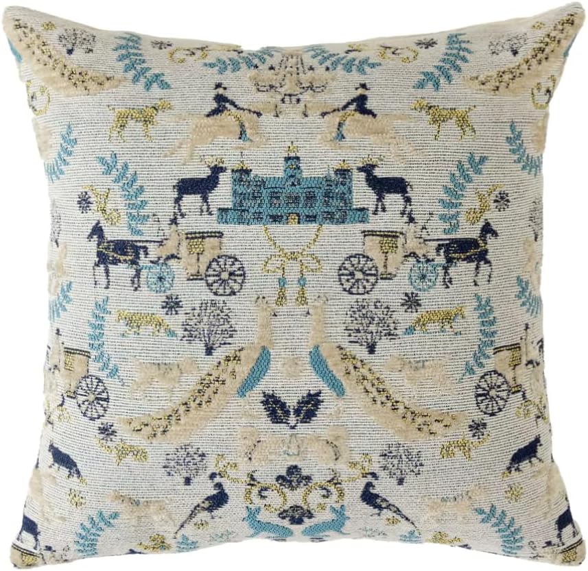 Embroidered Boho Beige Throw Pillow Cover — 18" — Ivory Blue Chateau