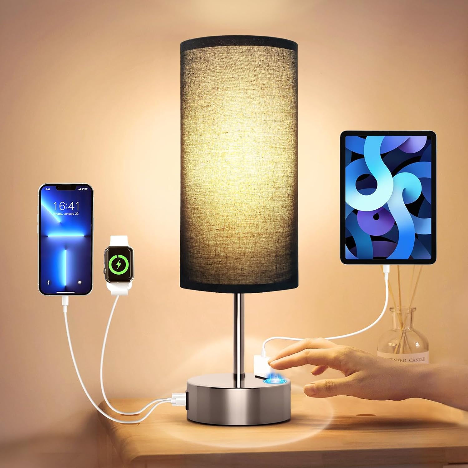 Dimmable Beige Bedside Lamp — 14" — 14" Small Size Touch Control
