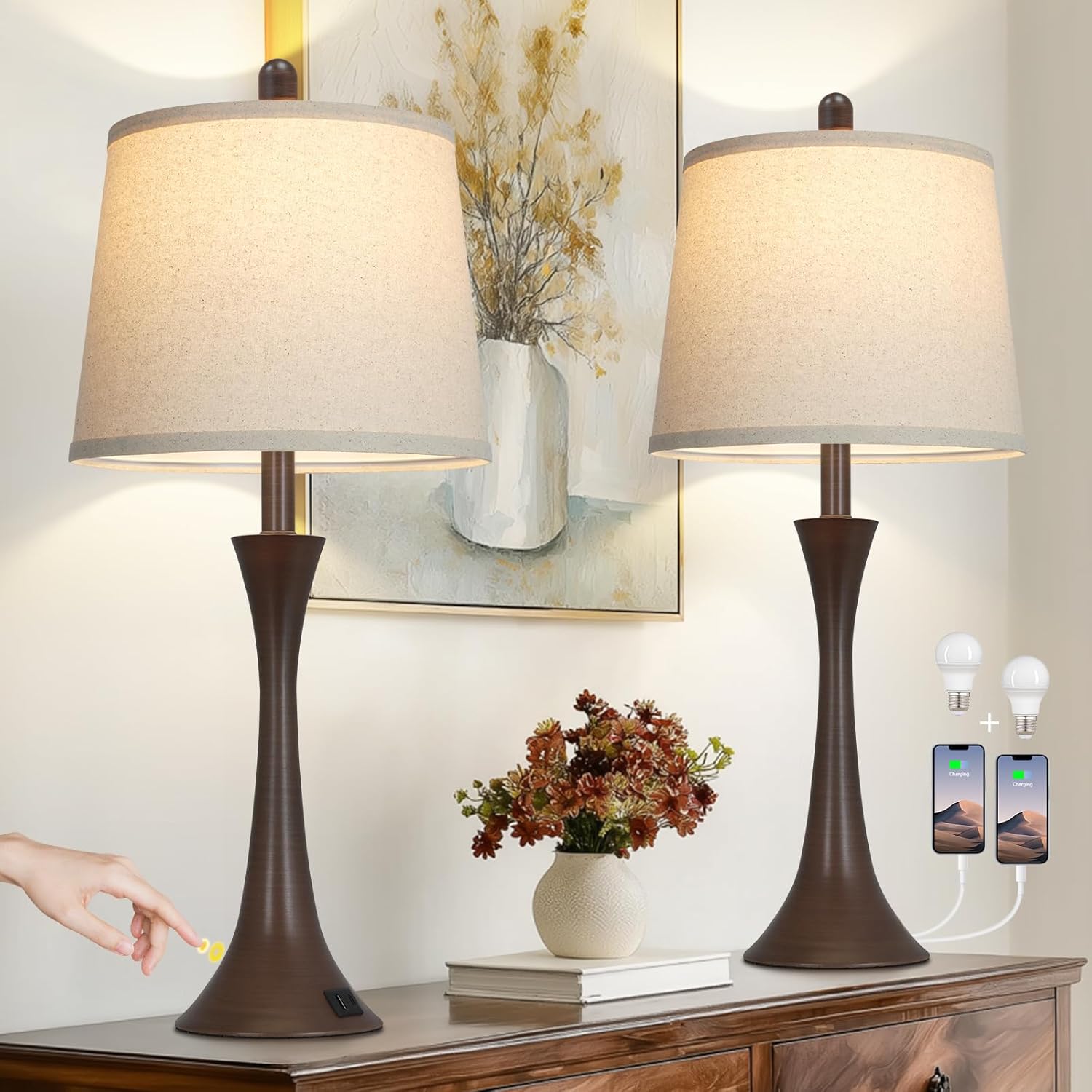 Dimmable Black Bedside Lamp — 27.5" — Brown