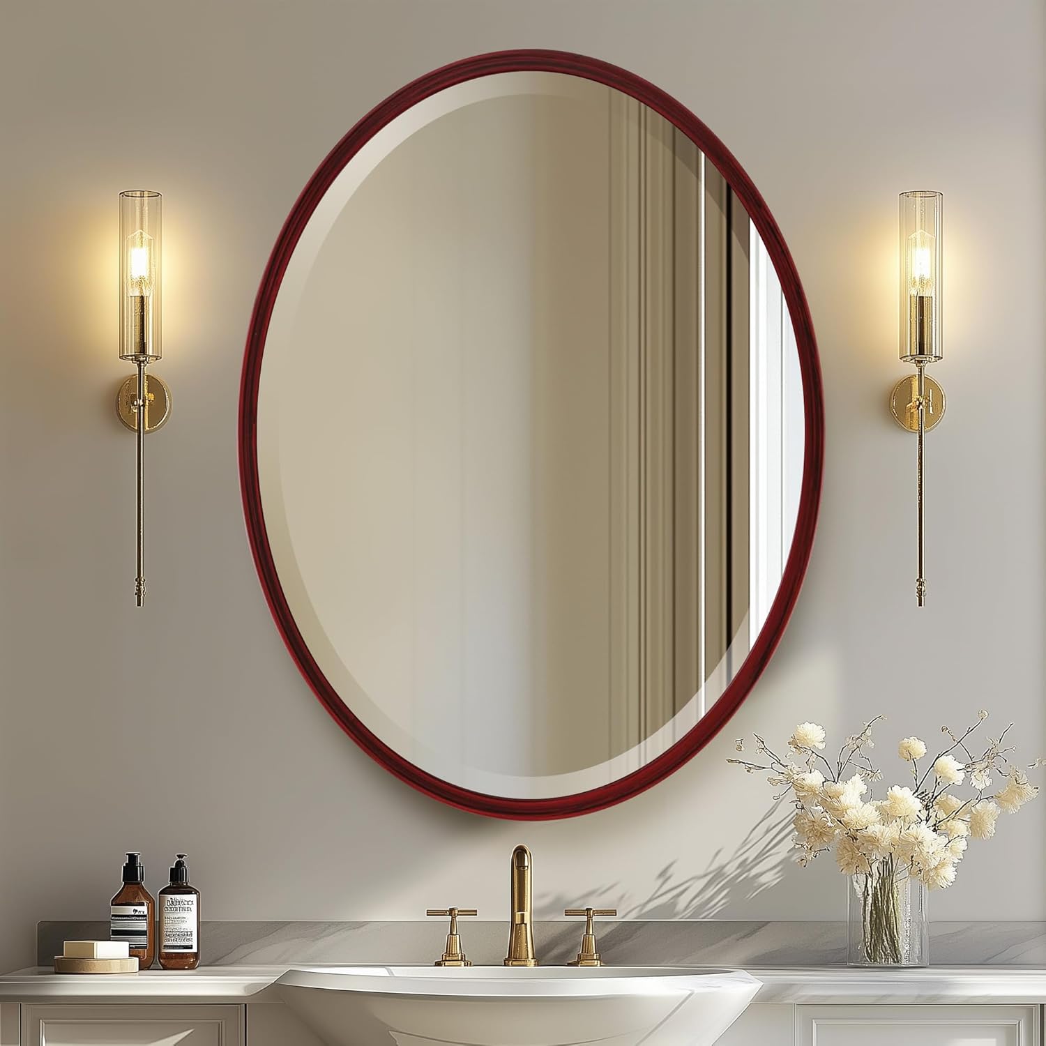 Beveled Luxe Beige Wall Mirror — 31" — Black Cherry