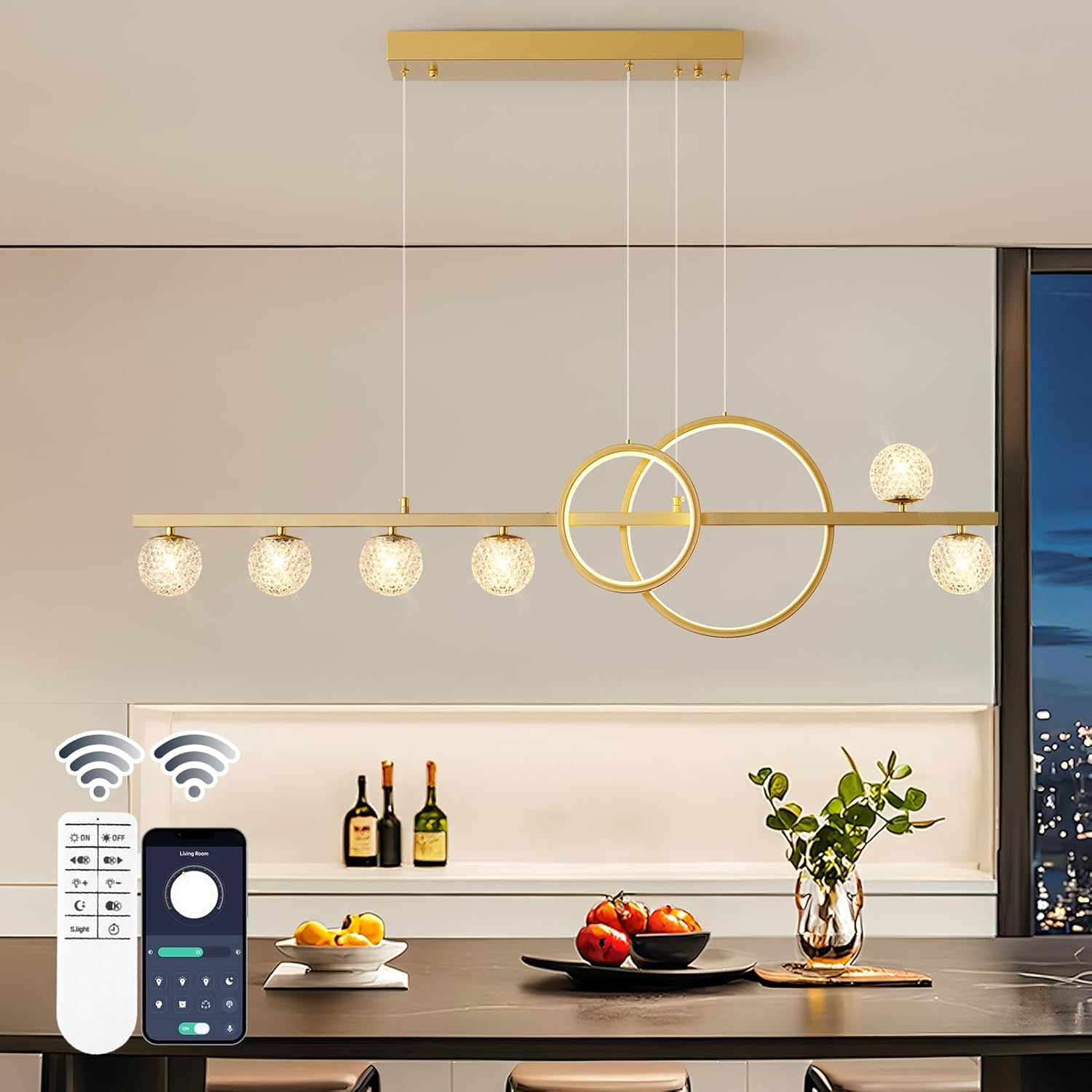 Dimmable Luxe Black Chandelier — gold 2Ring+ 6Bulb