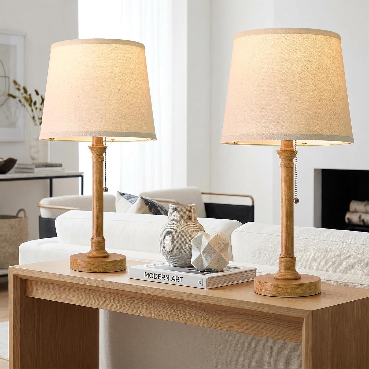 Black Bedside Lamp — 19.5" — Wood Grain-2Pack