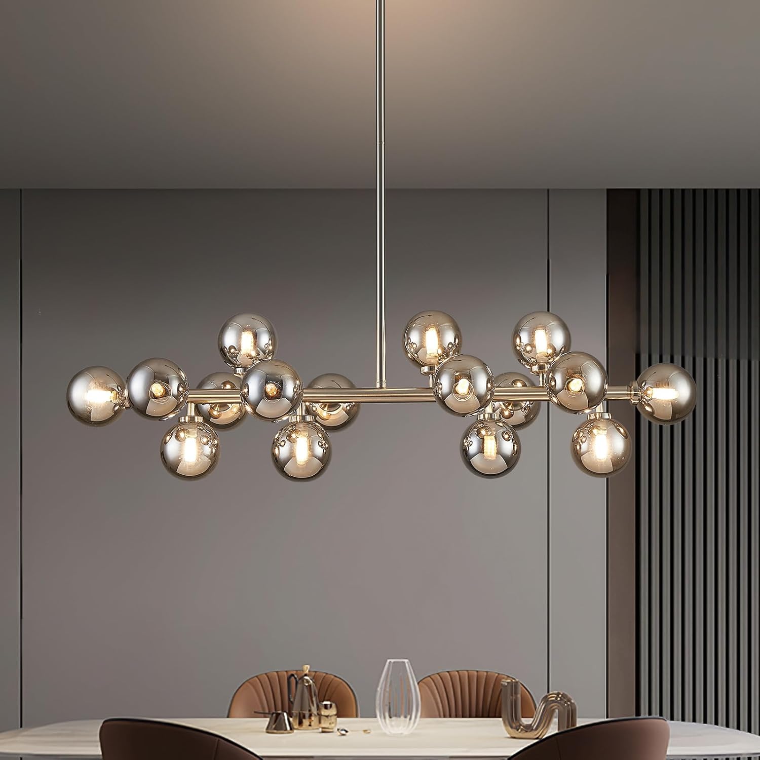 Mid-Century Black Chandelier — 16-Light — Sand Nickel (with Somke Grey Lampshade)