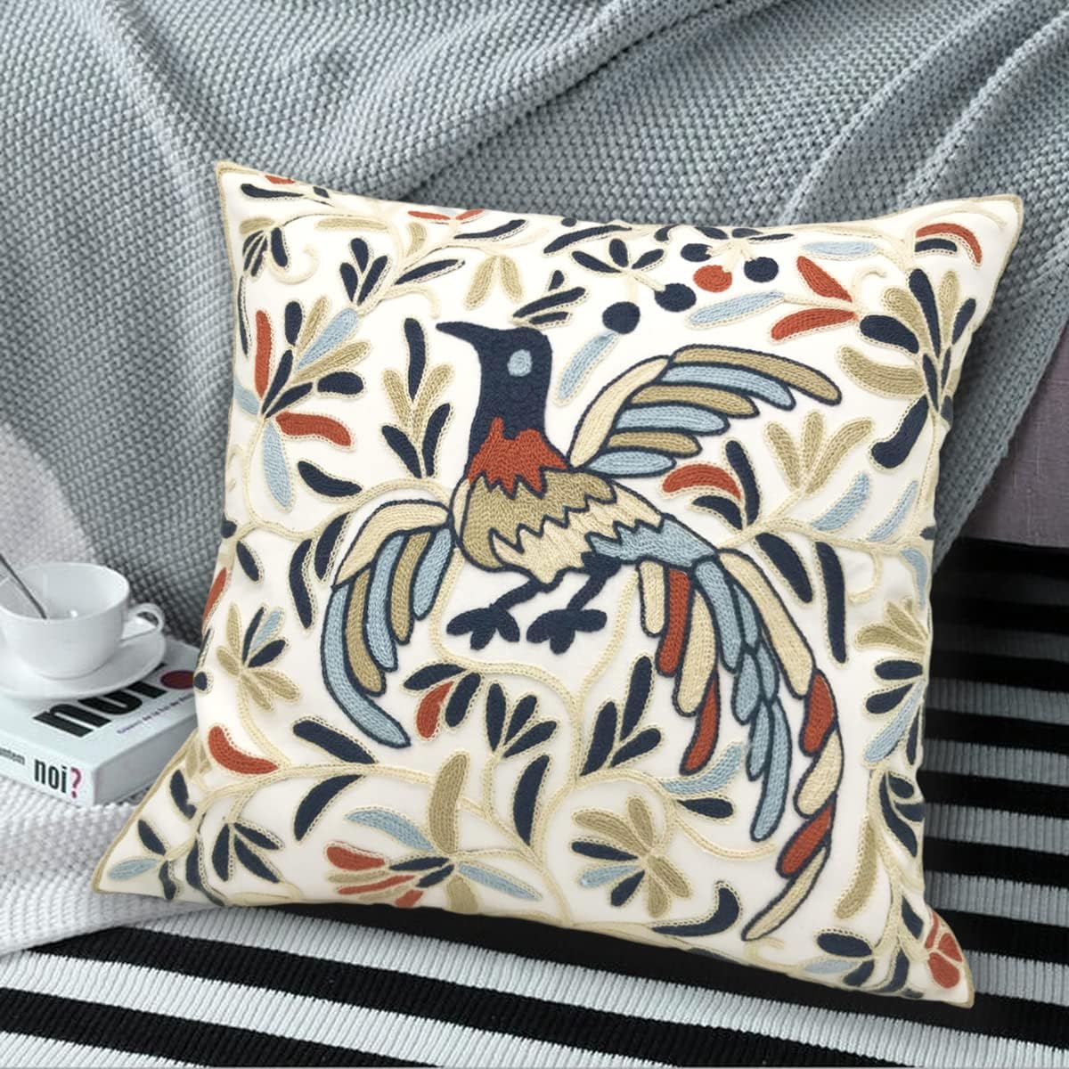 Embroidered Boho Blue Throw Pillow Cover — 18" - View 2