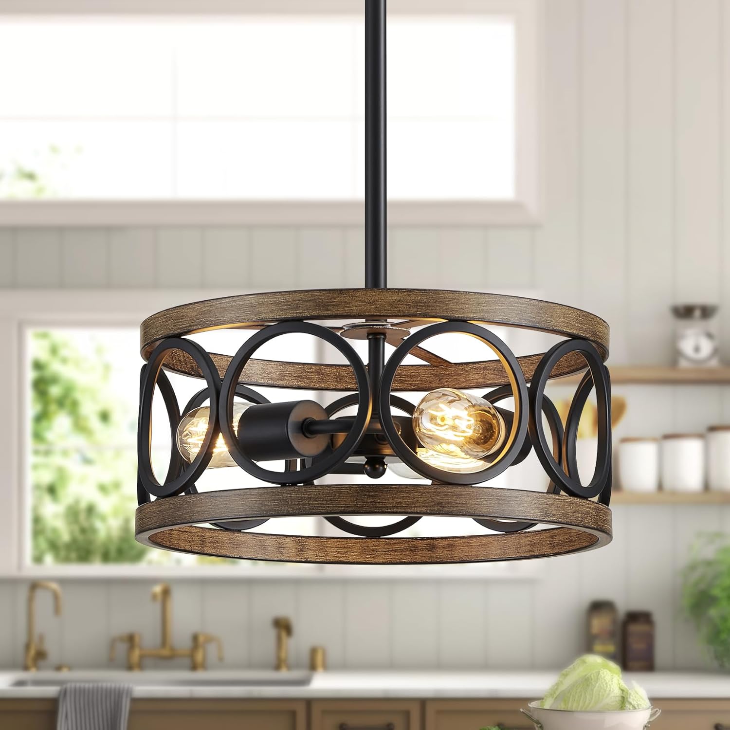 Round Farmhouse Black Chandelier — 5-Light — Black Drum Pendant-3 Light
