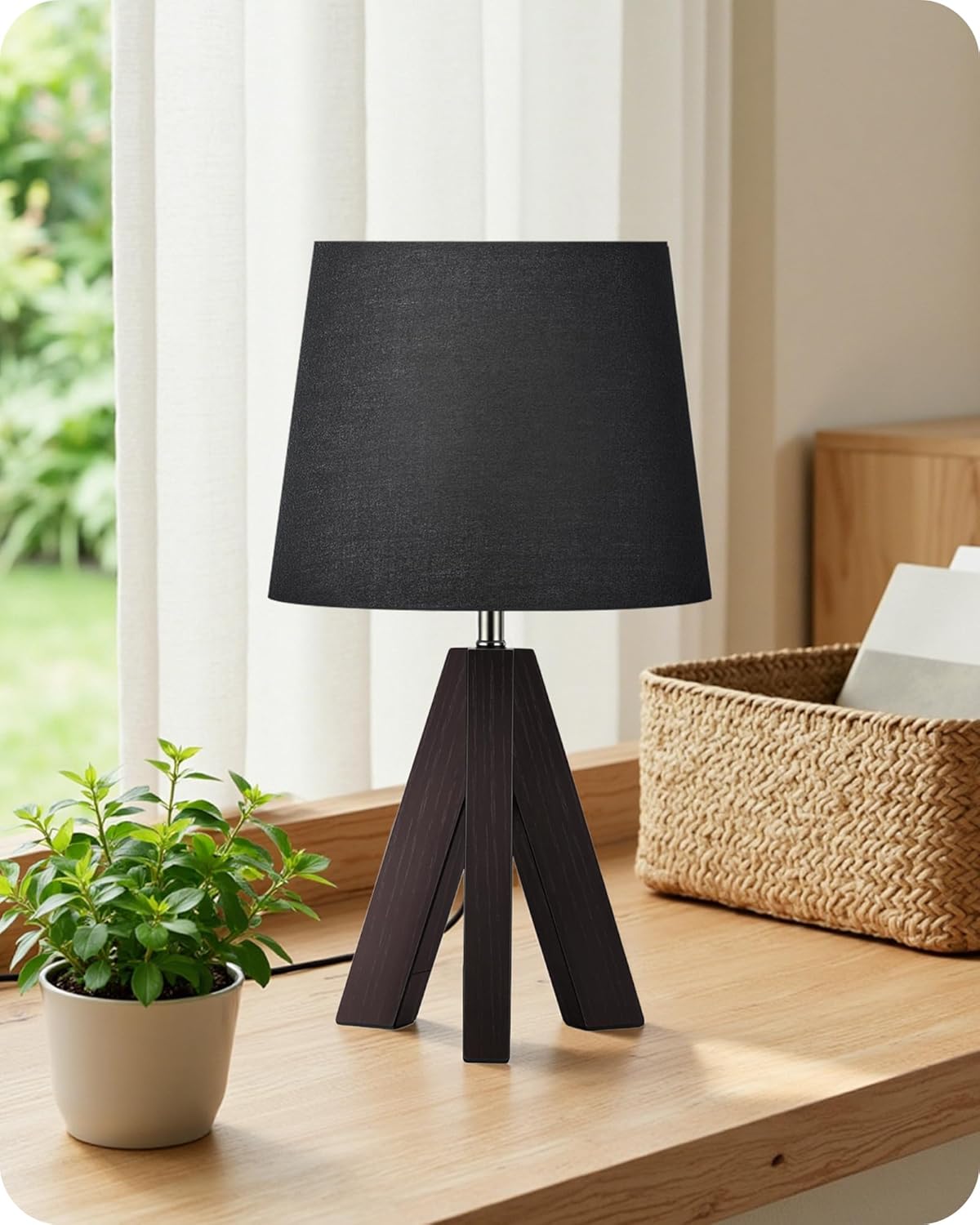 Linen Modern Beige Bedside Lamp — 6" — Black+Dark Walnut