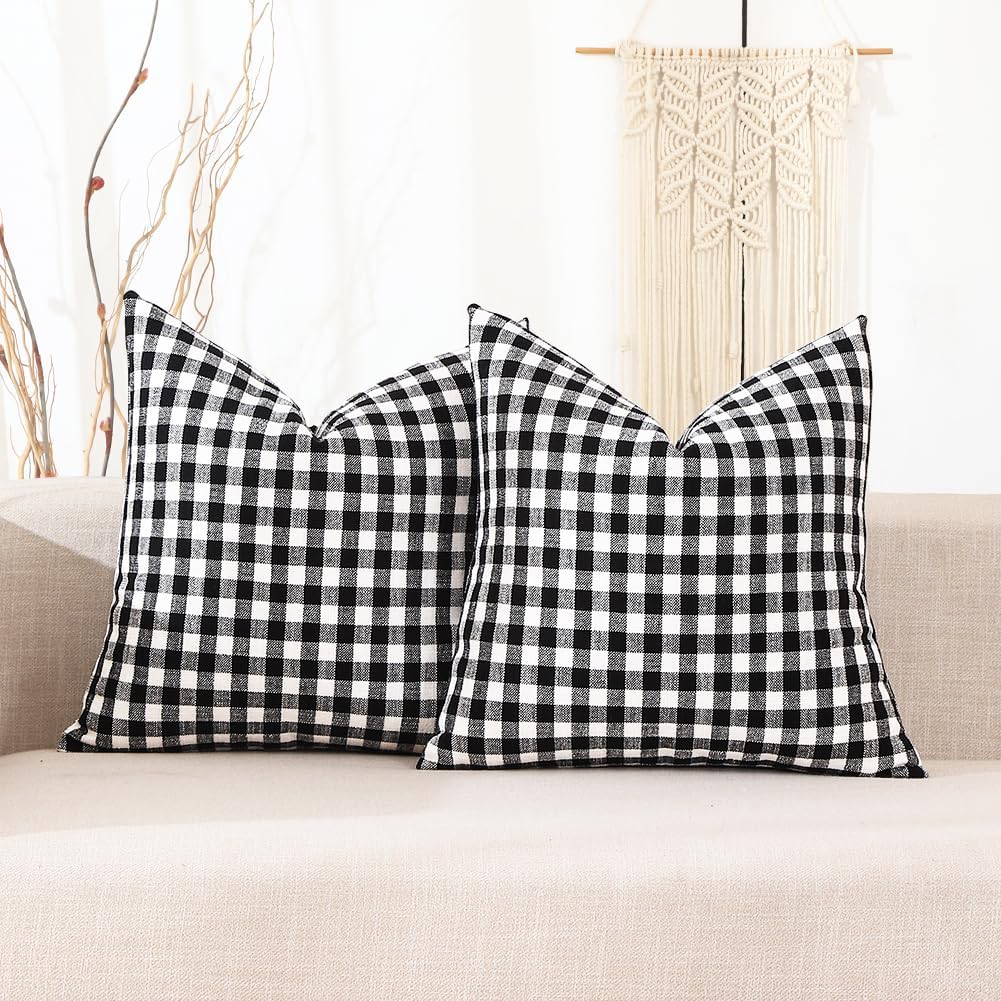 Farmhouse Beige Pillow Cover — 20" — Black & White Gingham Set of 2