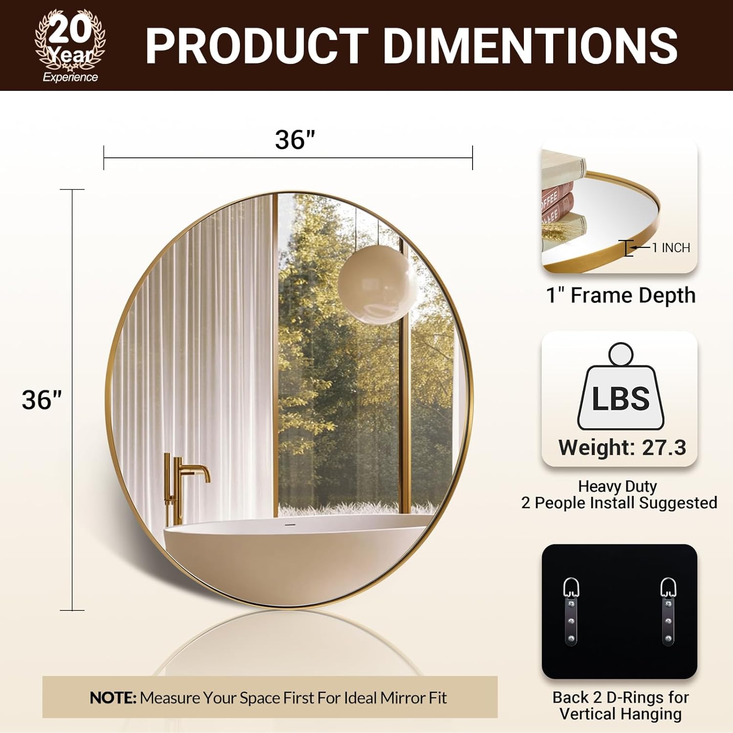 Luxe Black Round Mirror — 1" - View 2