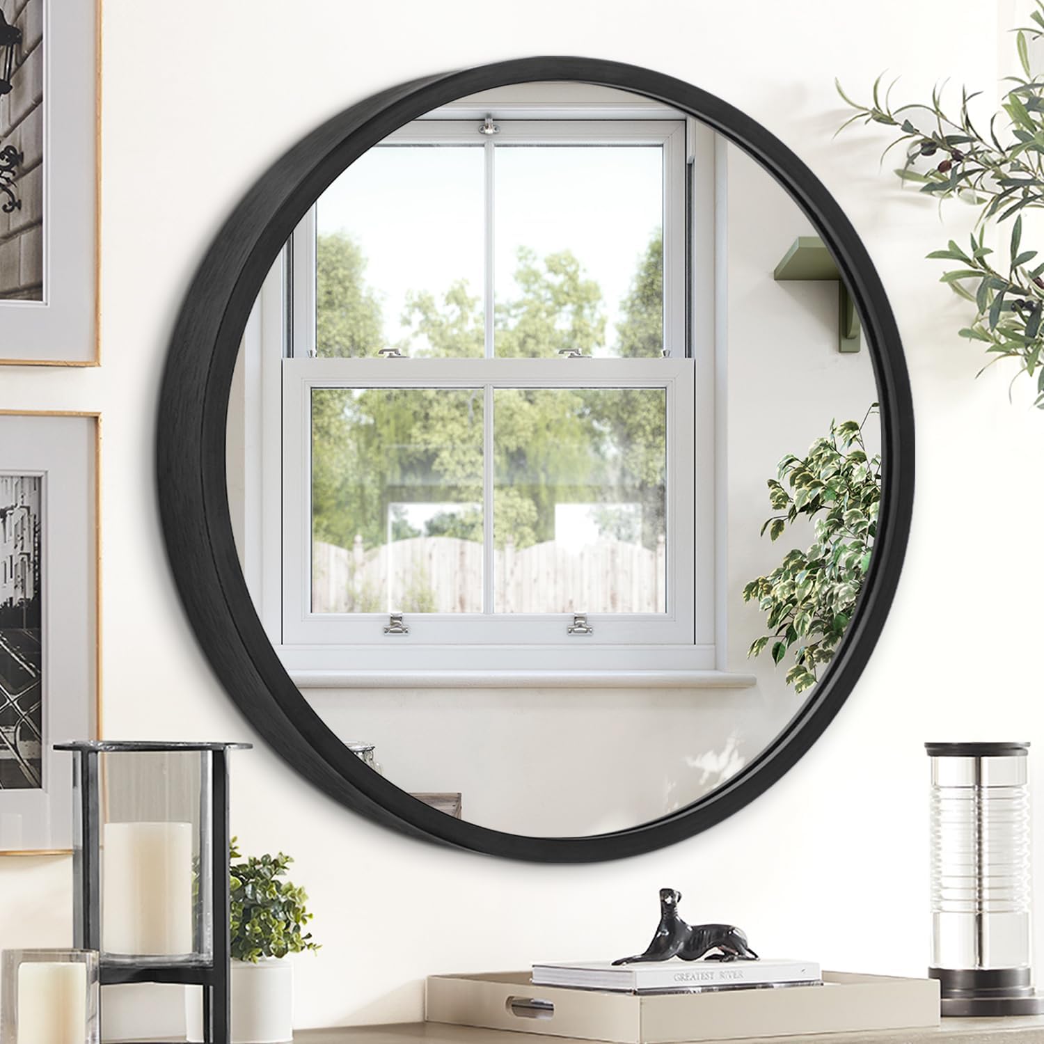 Round Black Wall Mirror — 12" — 16"L x 16"W