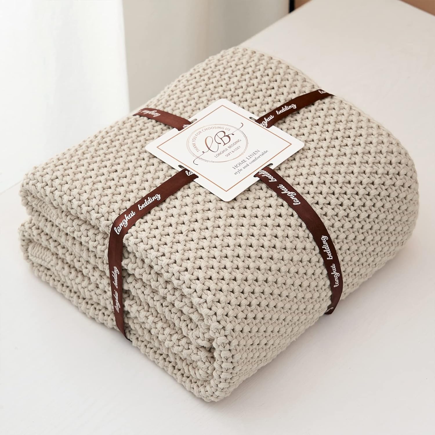 Knit Farmhouse Beige Throw Pillow — 51" - View 6