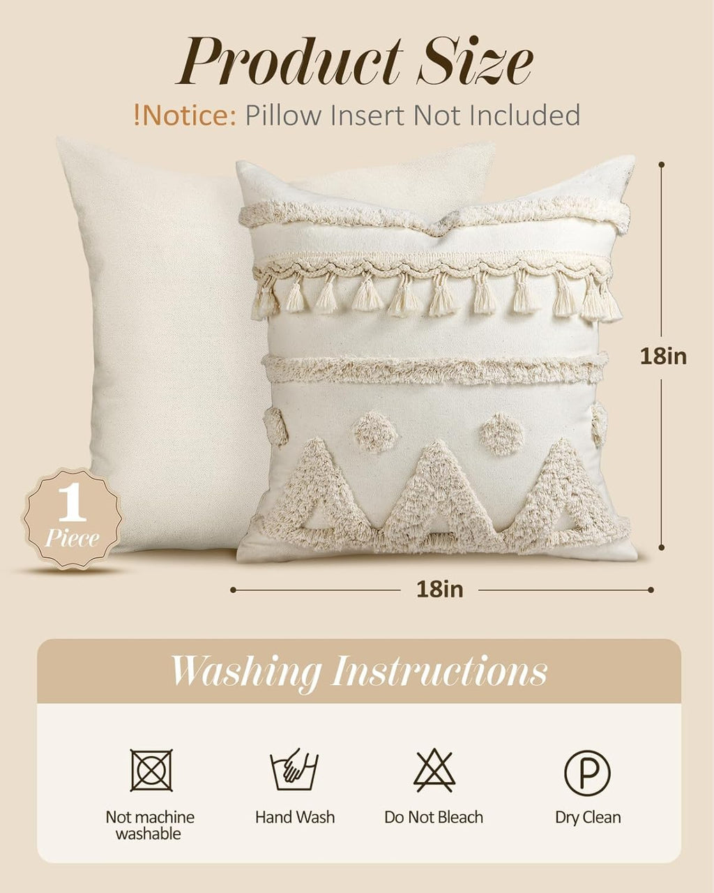 Tufted Boho Beige Throw Pillow Cover — 18" - View 4