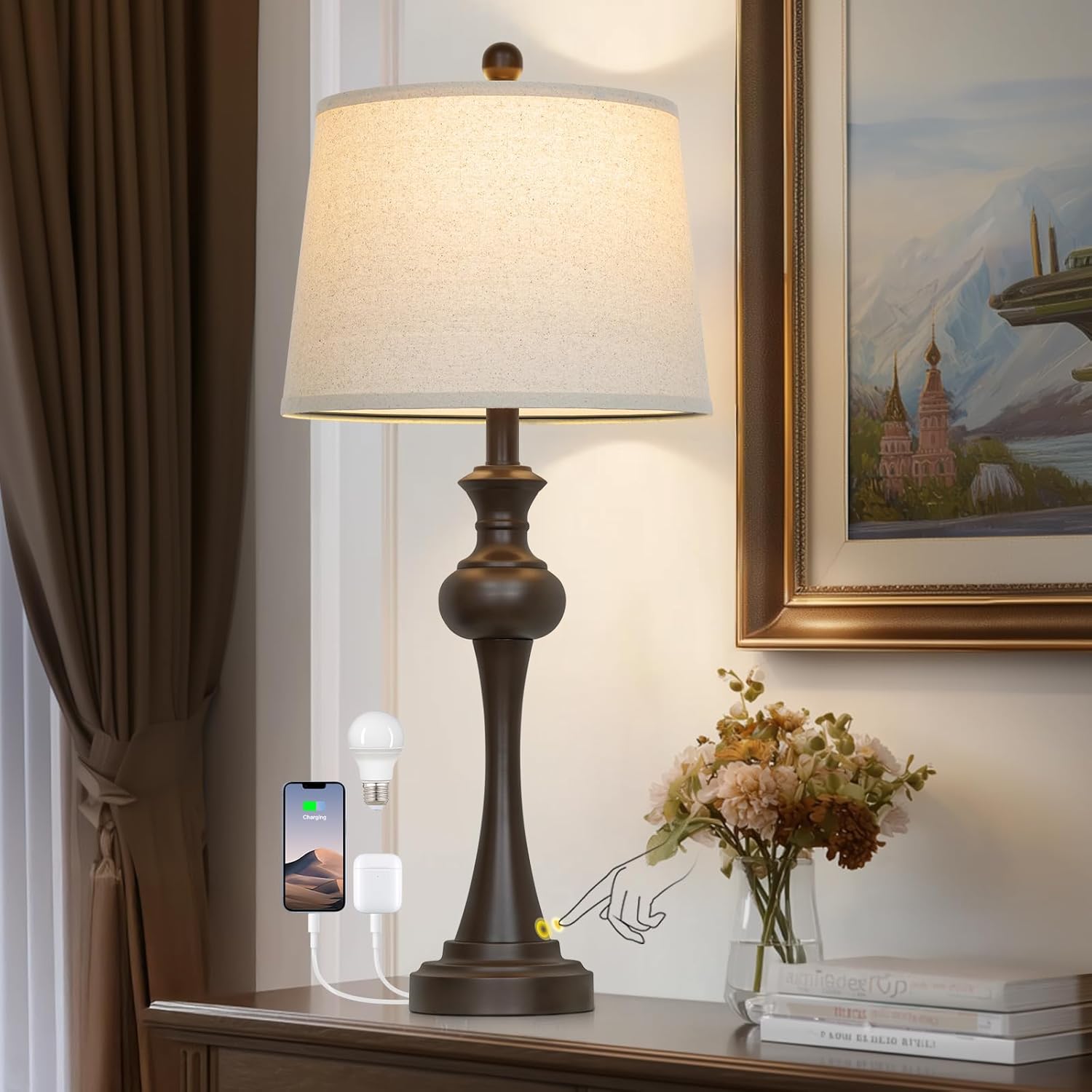 Dimmable Modern Black Bedside Lamp — 28.75" — Brown-1pack