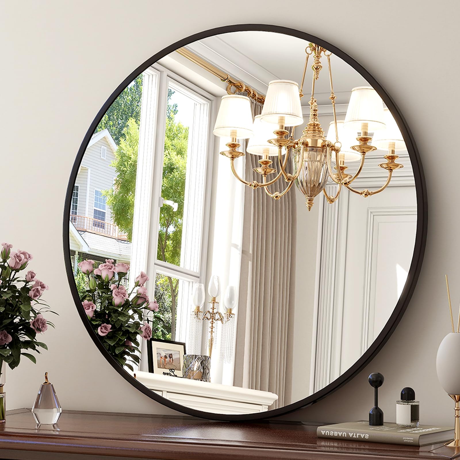 Round Modern Black Wall Mirror — 30"