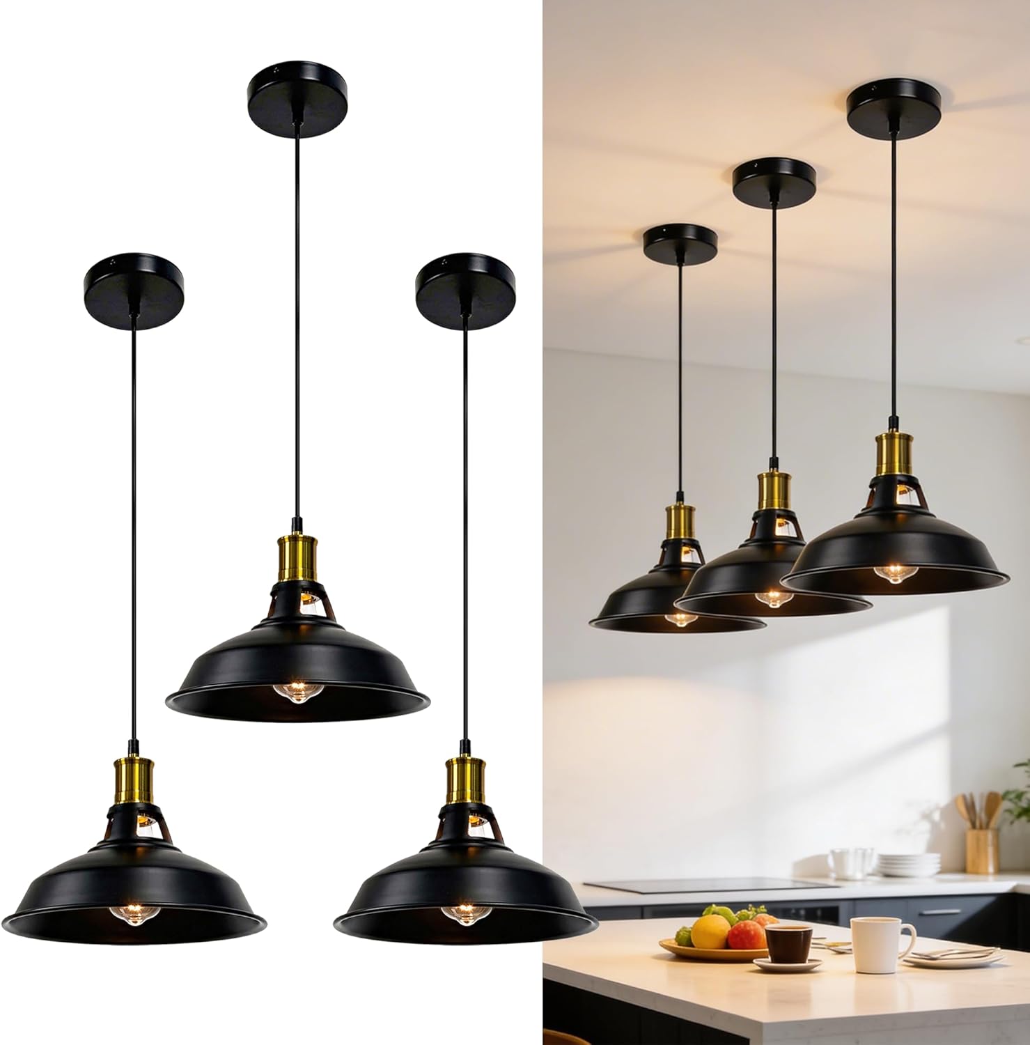 Adjustable Farmhouse Beige Pendant Light — 3-Light — Metal Shade 1-Light (Black and Gold) - 3 Pack