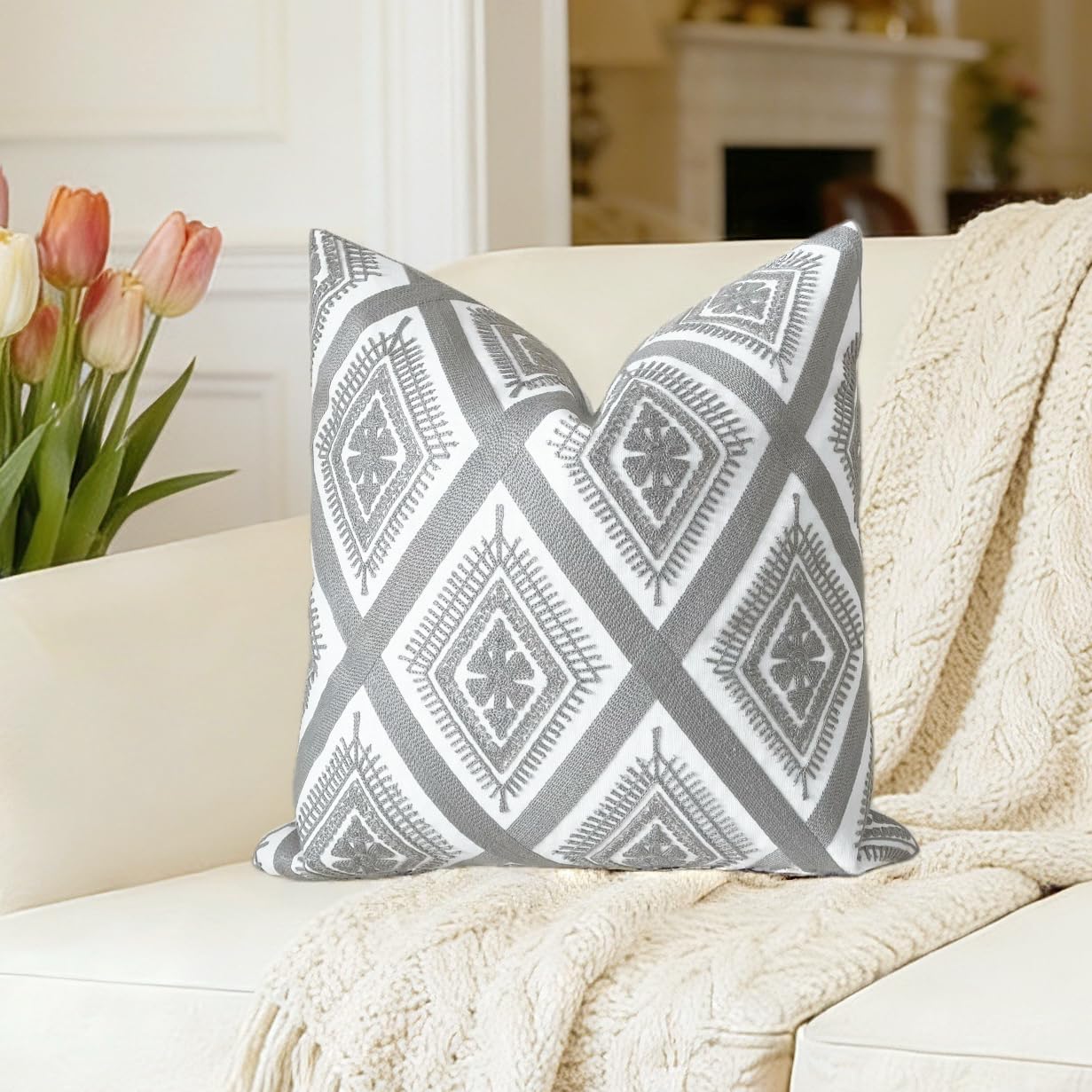 Embroidered Boho Beige Throw Pillow Cover — 18" — A-grey Eyes