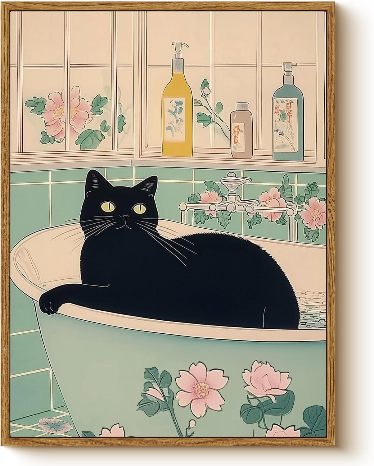 Vintage Orange Framed Wall Art — 16" — Bathing Cat