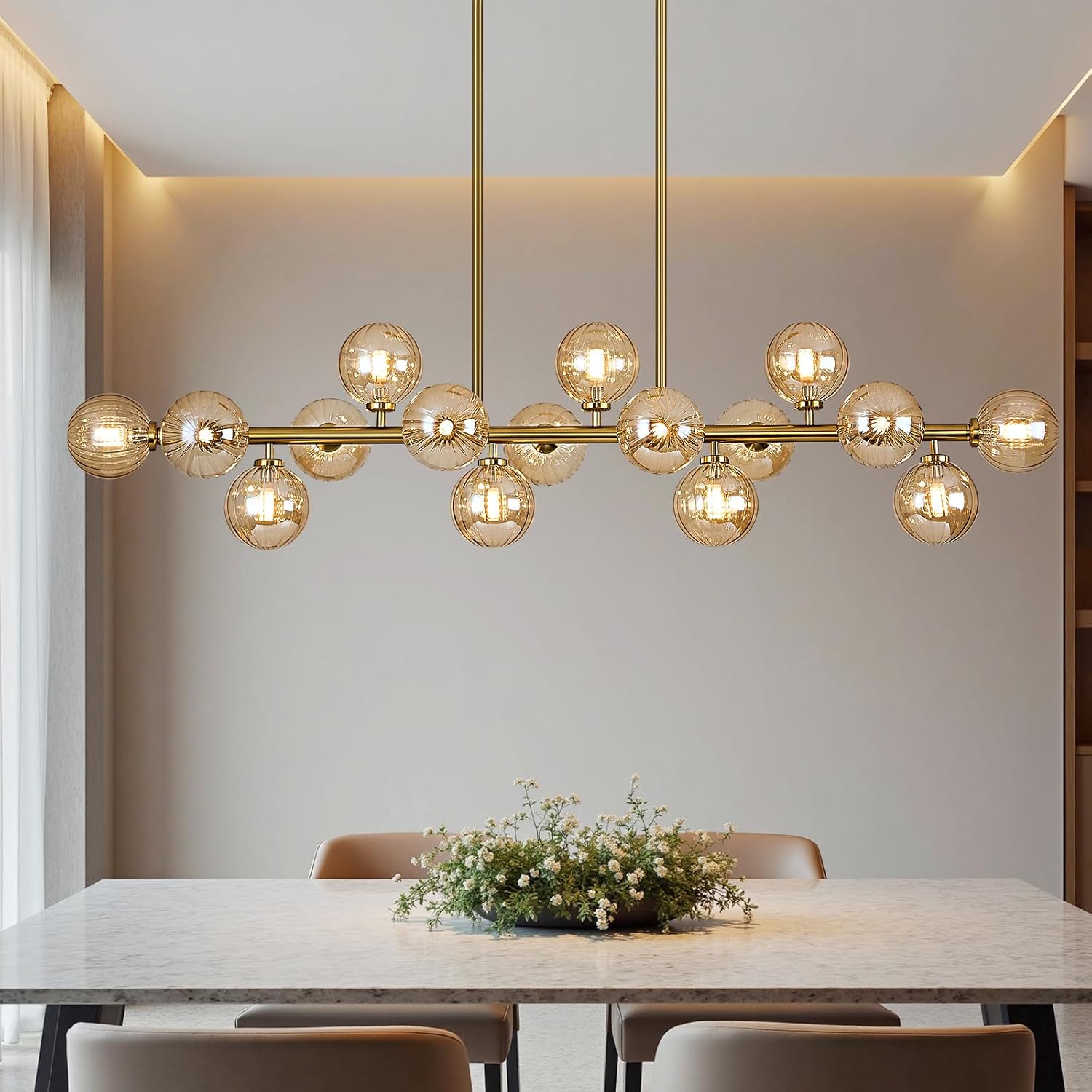 Mid-Century Black Chandelier — 16-Light — Gold (with Amber Lampshade)