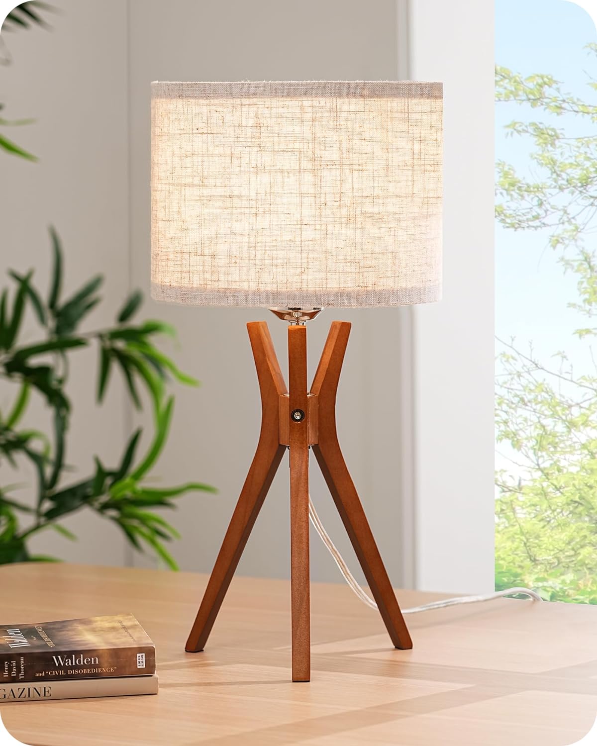 Linen Mid-Century Beige Bedside Lamp — 17.5" — Dark Wood