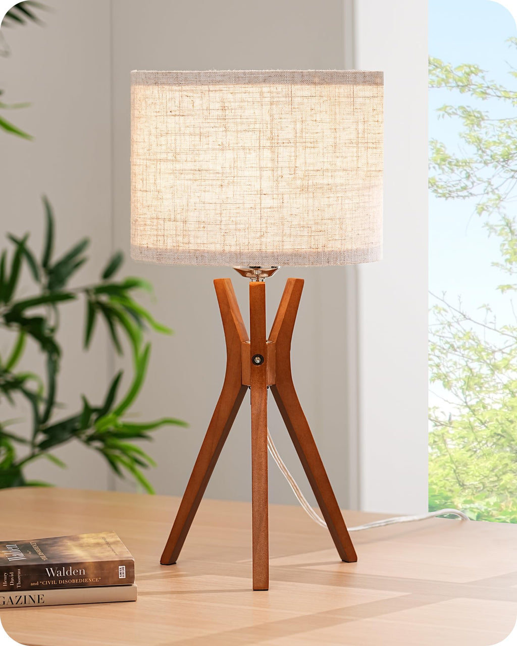 Linen Mid-Century Beige Bedside Lamp — 17.5"