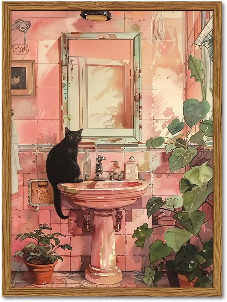 Framed Black Canvas Wall Art — 16" — Vintage Cat