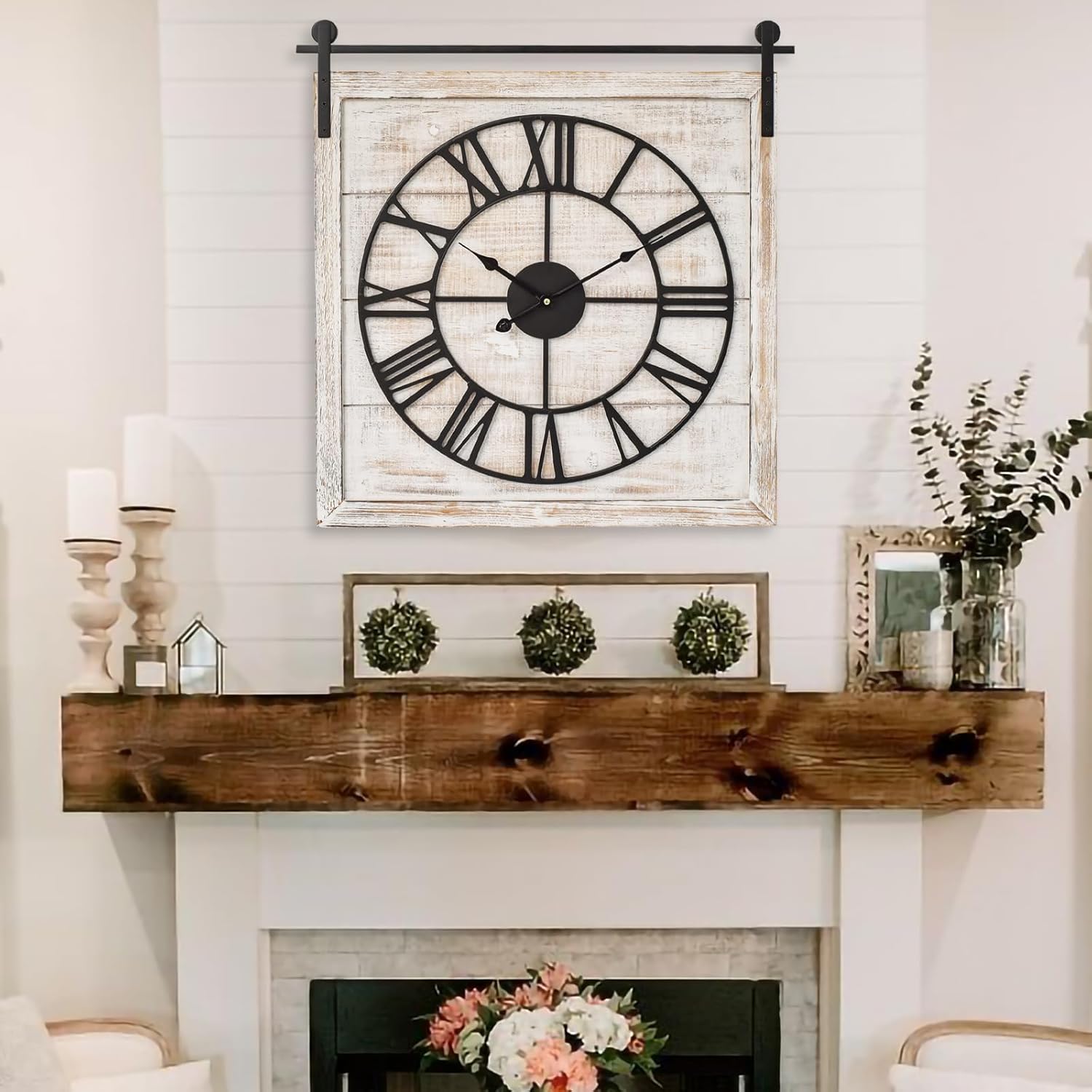 Farmhouse Brown Wall Clock — 24" — White 2