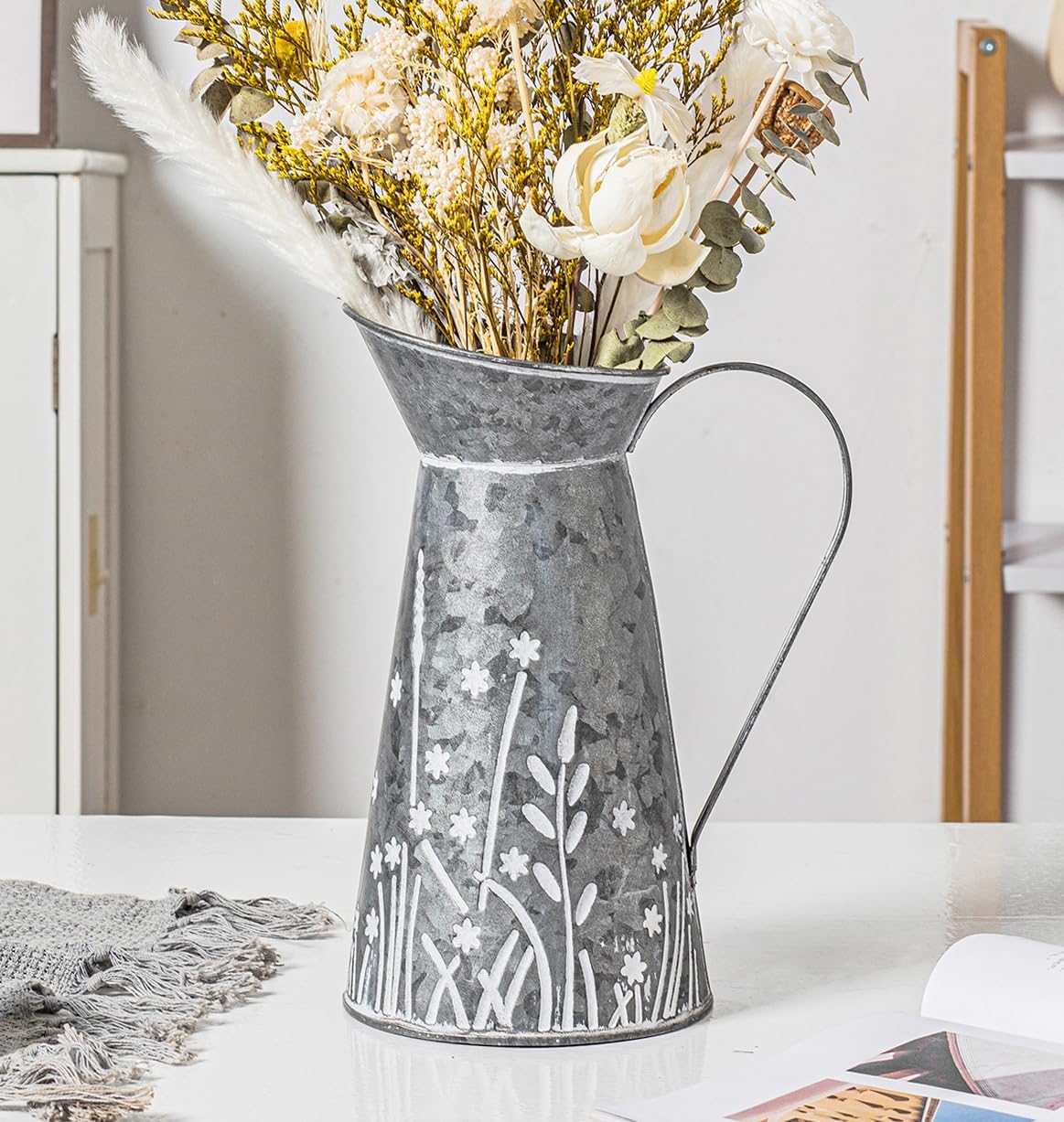 Vintage Farmhouse Metal Vase — Floral Milk Jug