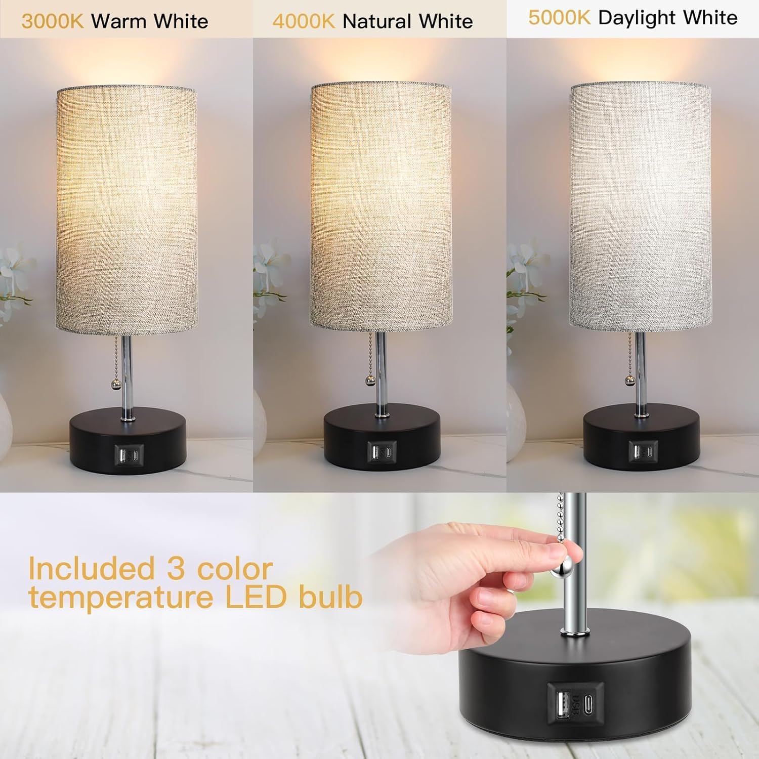 USB Beige Bedside Lamp - View 3