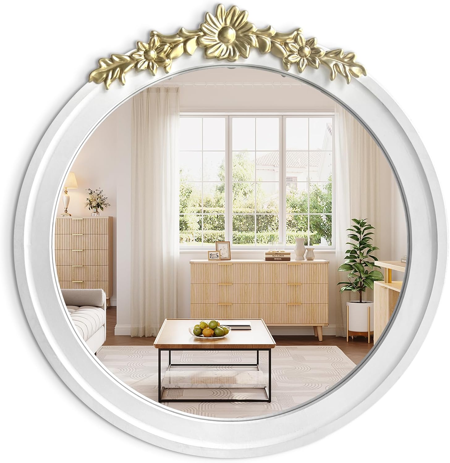 Round Modern Black Wall Mirror — 26.8" — Wood-white