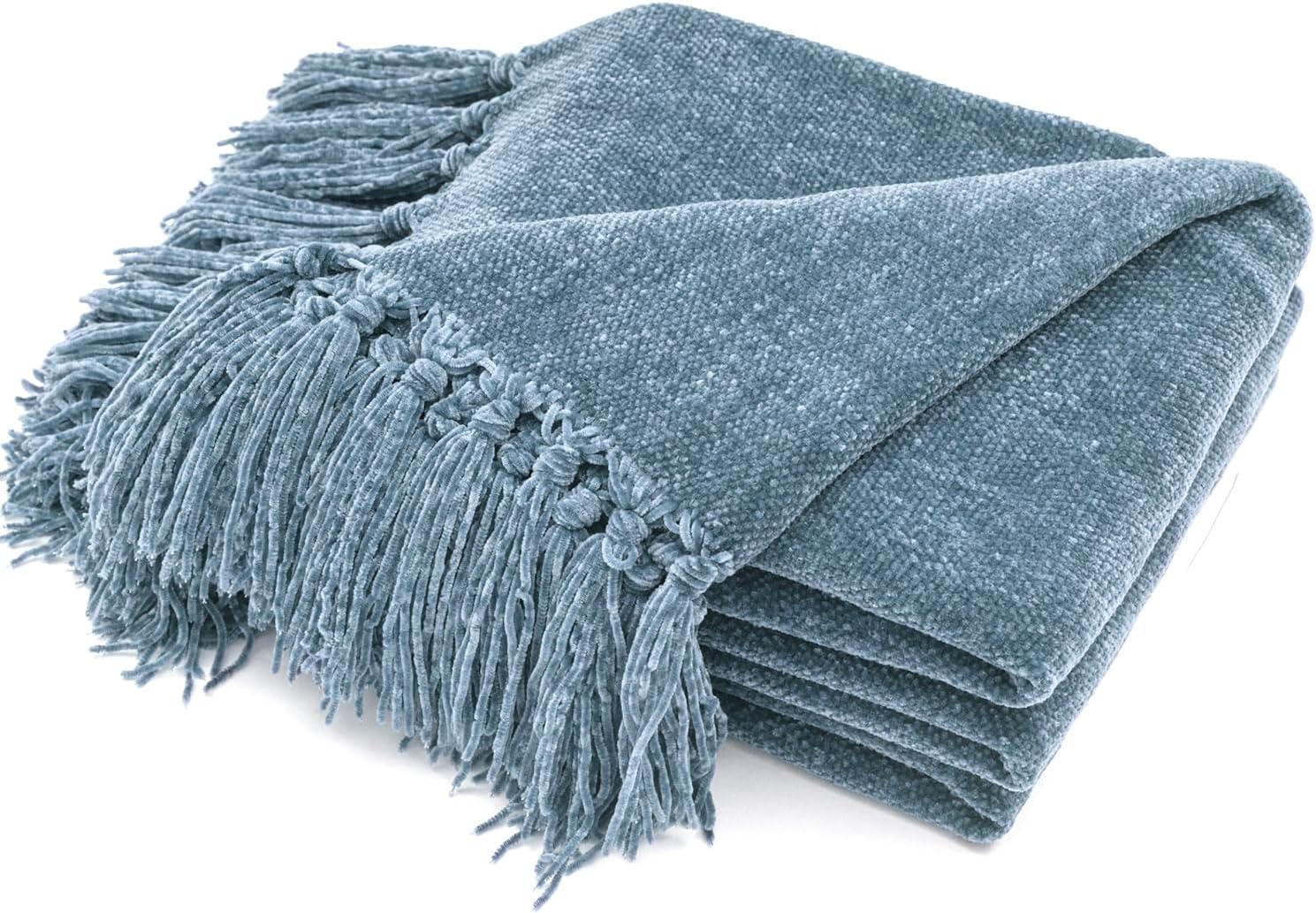 Chenille Boho Beige Throw Pillow — 50" — Dusty Blue