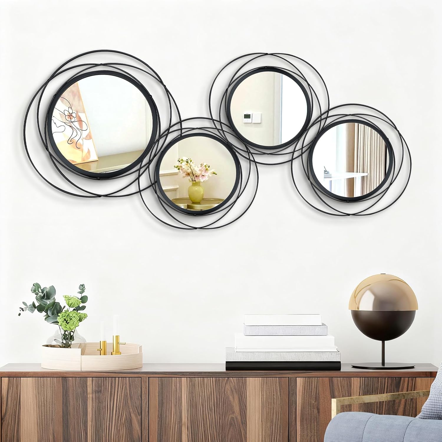 Boho Black Round Mirror — 4 Set Style a (Mixed Size) -Black