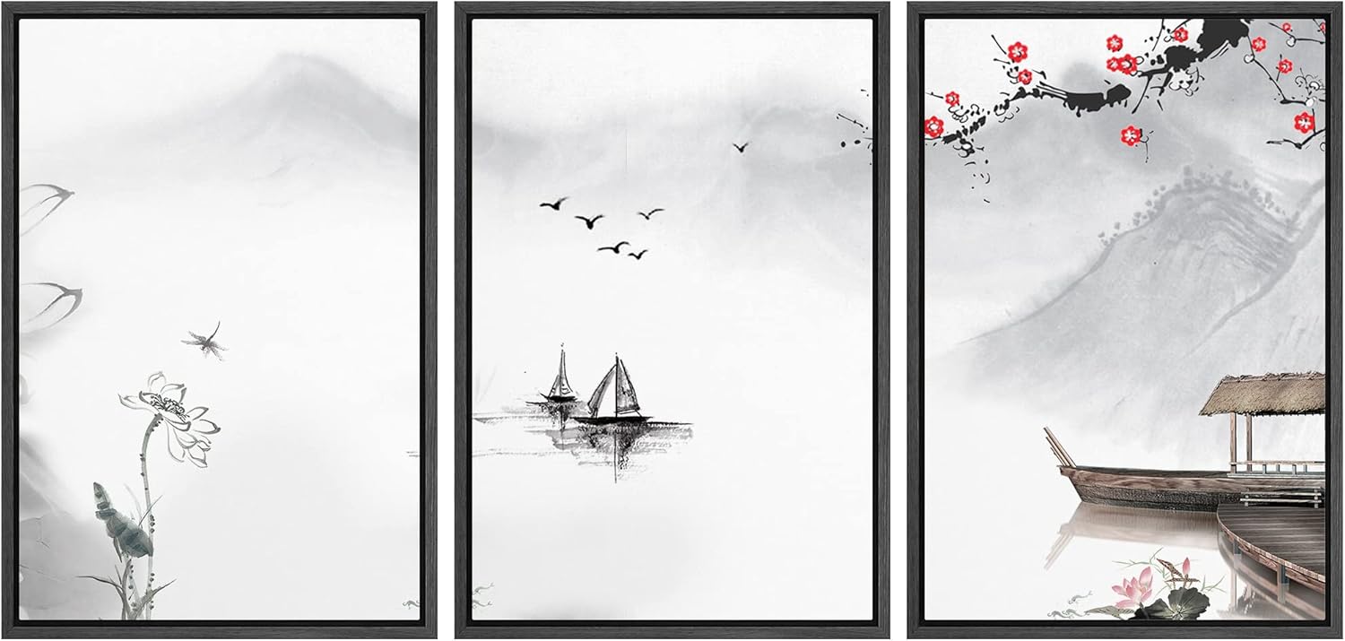 Framed Farmhouse Fabric Wall Art — 24" — 16" x 24" x 3 Panels BLACK