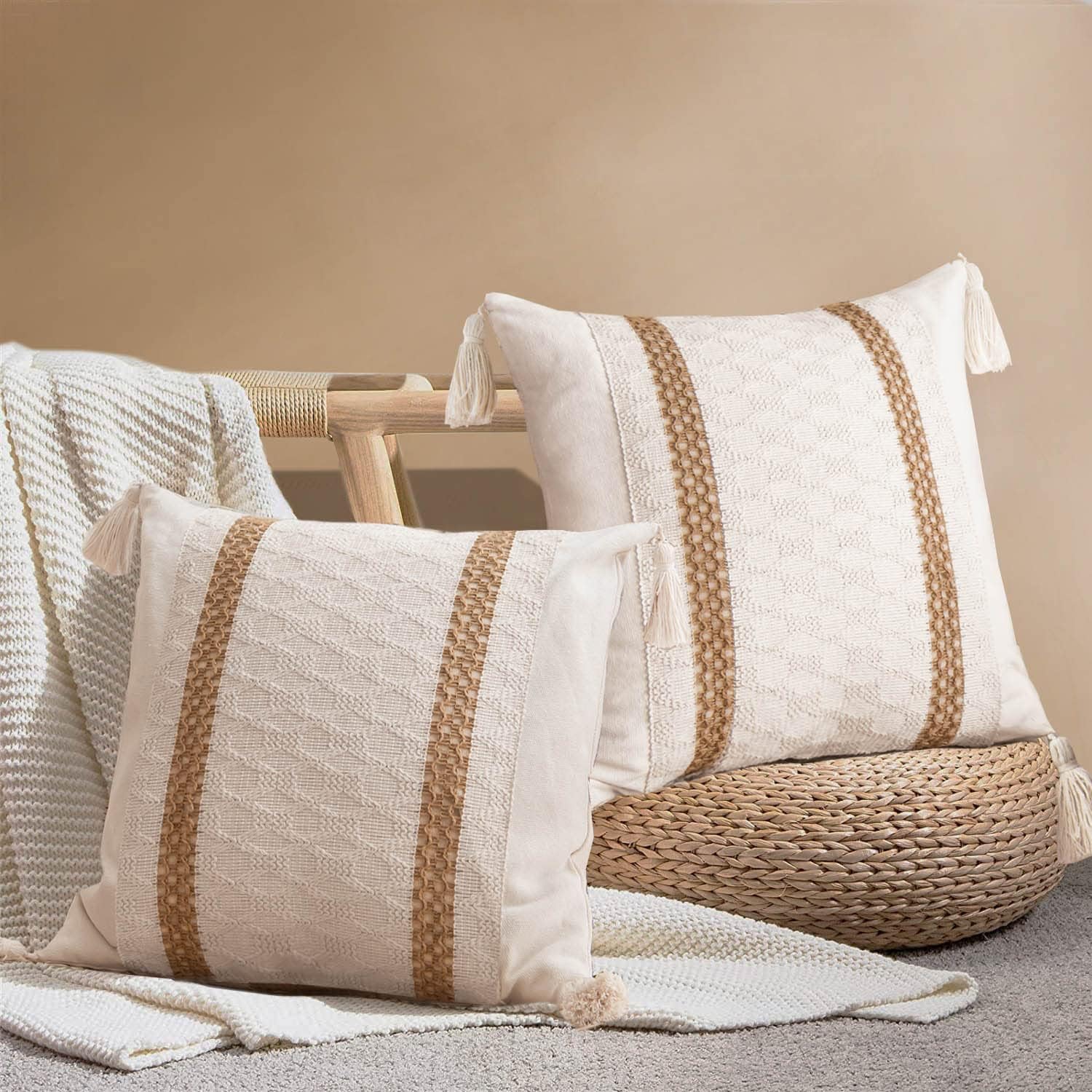 Boho Rattan Throw Pillow Cover — 18" — 2 Pack Double Stripe 18"x18"